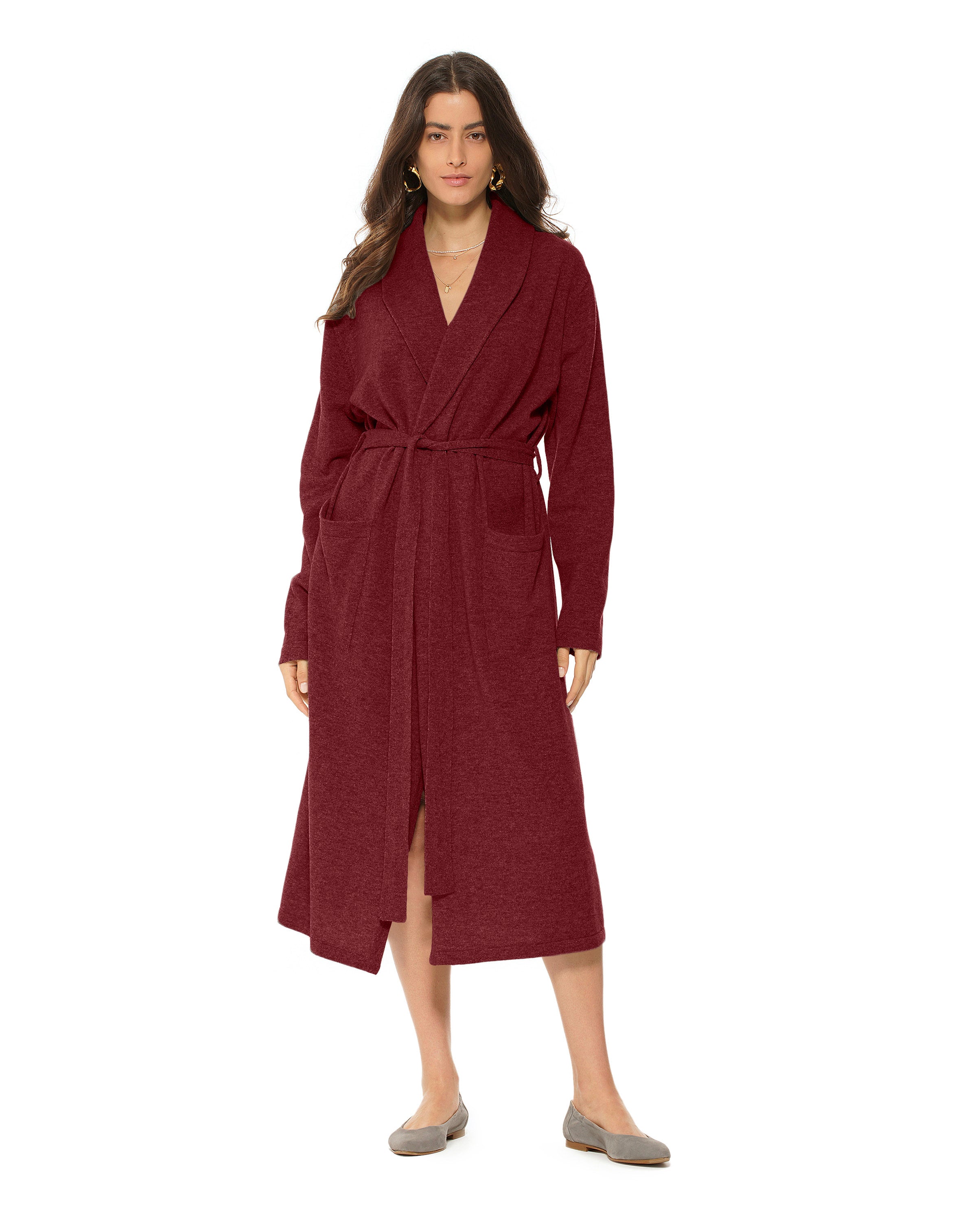 Luxury Women's Pure Cashmere Knit Robe - Soft Warm Winter Bathrobe - Perfect for Spa, Lounge & Gift Giving (Bordeaux Red)