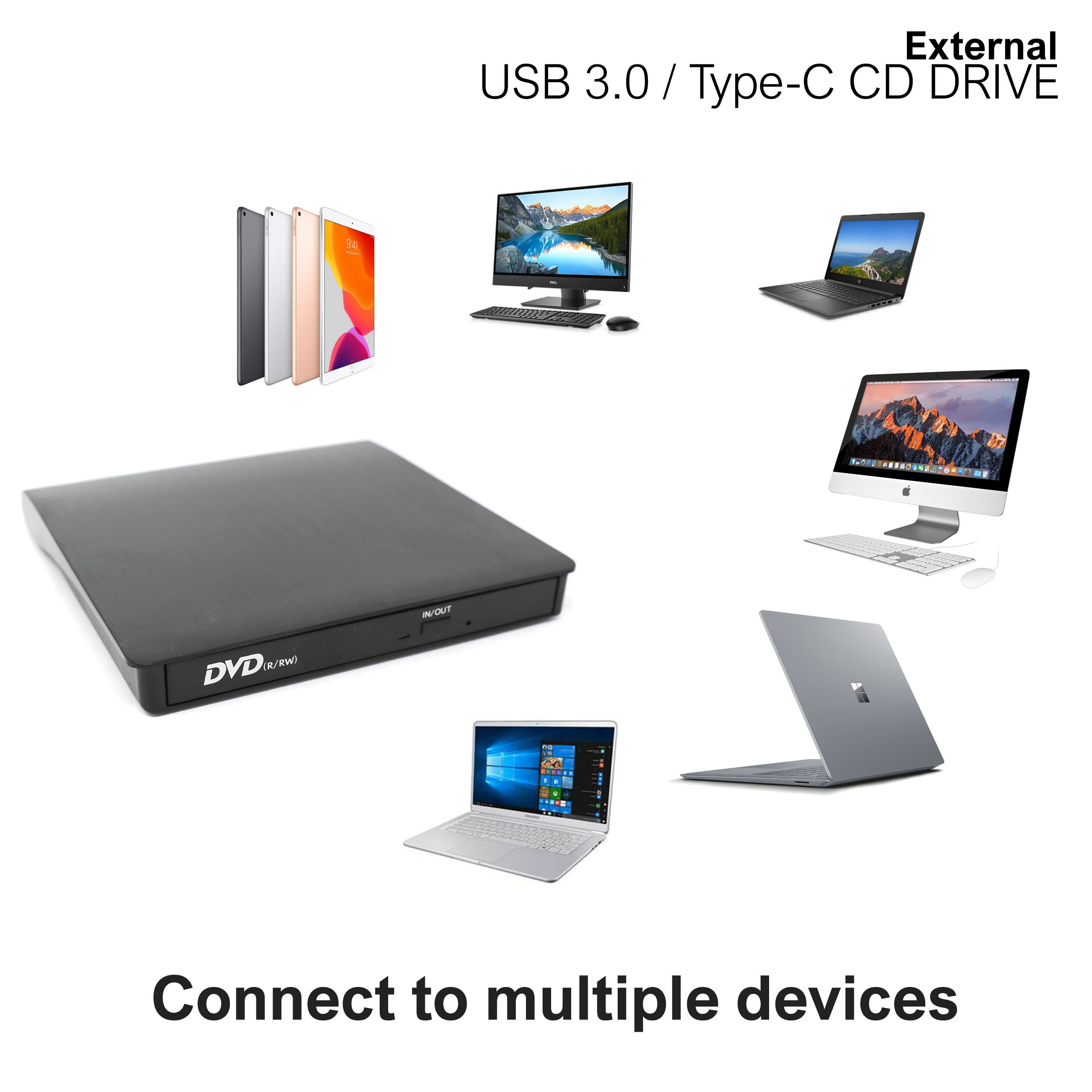 KamKorda External CD DVD Drive for Laptop - USB 3.0 & USB-C Slim Portable CD/DVD RW Burner Writer for MacBook, PC, Windows | Perfect for Data Backup, Movie Playback & Software Installation