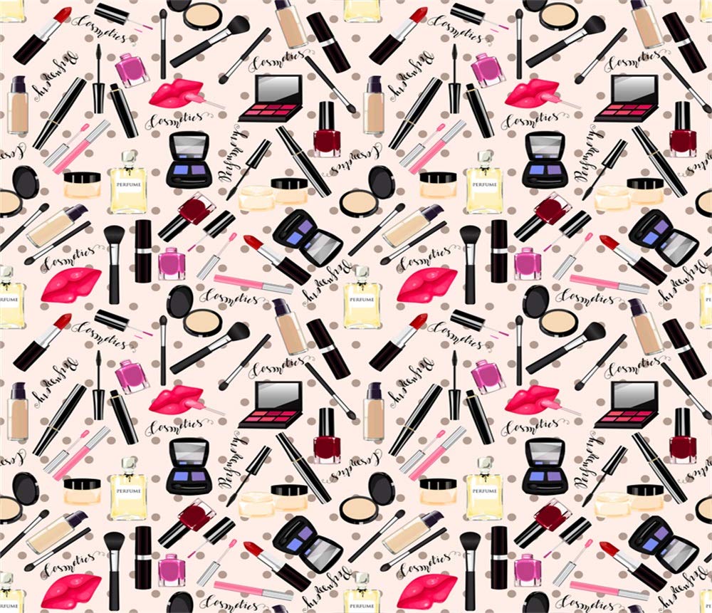 10x8ft Makeup Photography Backdrop - Fashion Cosmetology Background with Lipsticks, Eyeshadow, Blush Brushes & Mascara for Beauty Vlogging, Live Videos & Photo Studio Decor