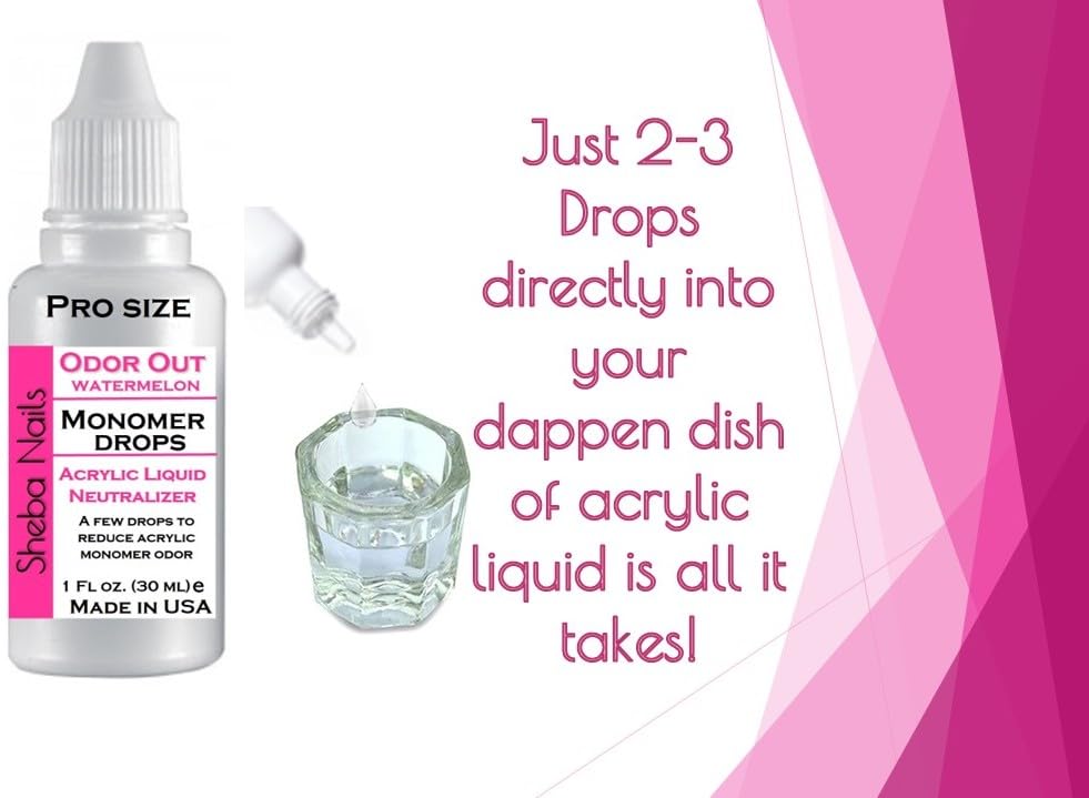 SHEBA NAILS Odor Out Monomer Drops Acrylic Liquid Neutralizer - 1 oz Watermelon Scent for Reducing Monomer Smell in Nail Extensions | DIY Manicure & Professional Nail Salon Use | Perfect for Home Nail Art and Acrylic Application