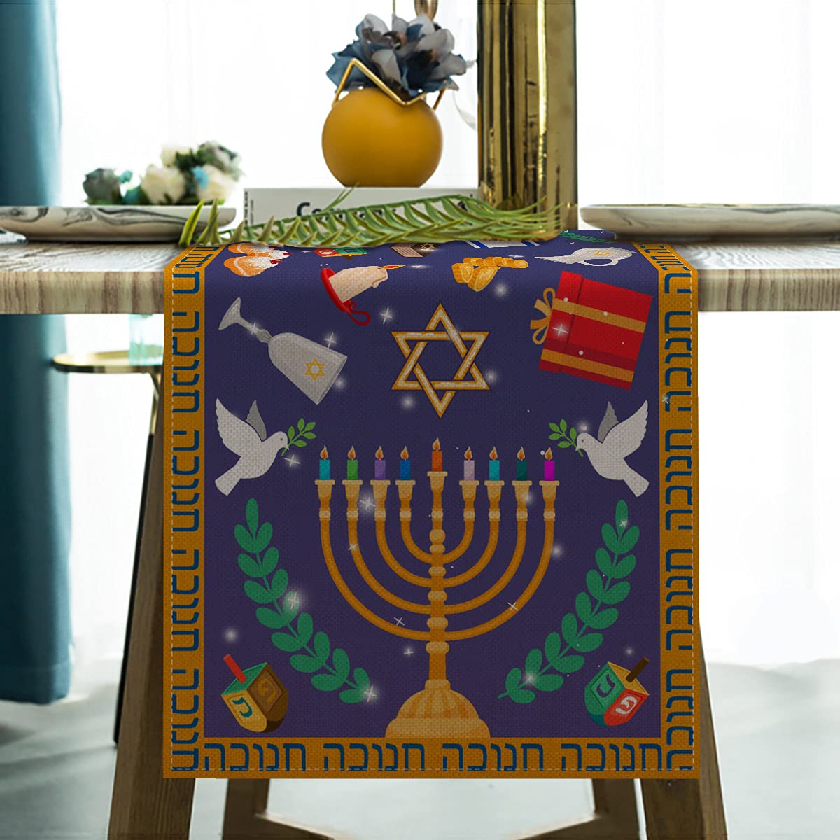 Linen Hanukkah Table Runner with Hebrew Menorah & Star of David - 13x72'' Jewish Chanukah Decor for Kitchen, Dining Room, and Holiday Celebrations