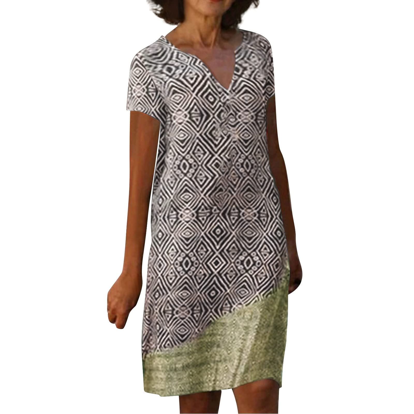 Women's Summer Casual V-Neck Printed Short Sleeve Tank Dress - Sexy Flowy Beach Dress for Vacation, Party & Date Night