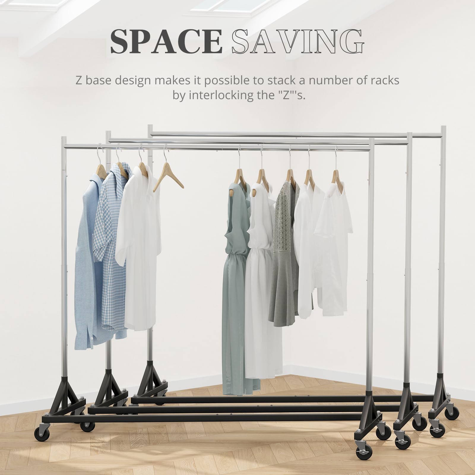 Heavy Duty Commercial Z Base Garment Rack - Adjustable Rolling Clothes Rack with Wheels, Holds 400 lbs, Chrome Finish - Perfect for Retail Stores, Boutiques, and Clothing Displays