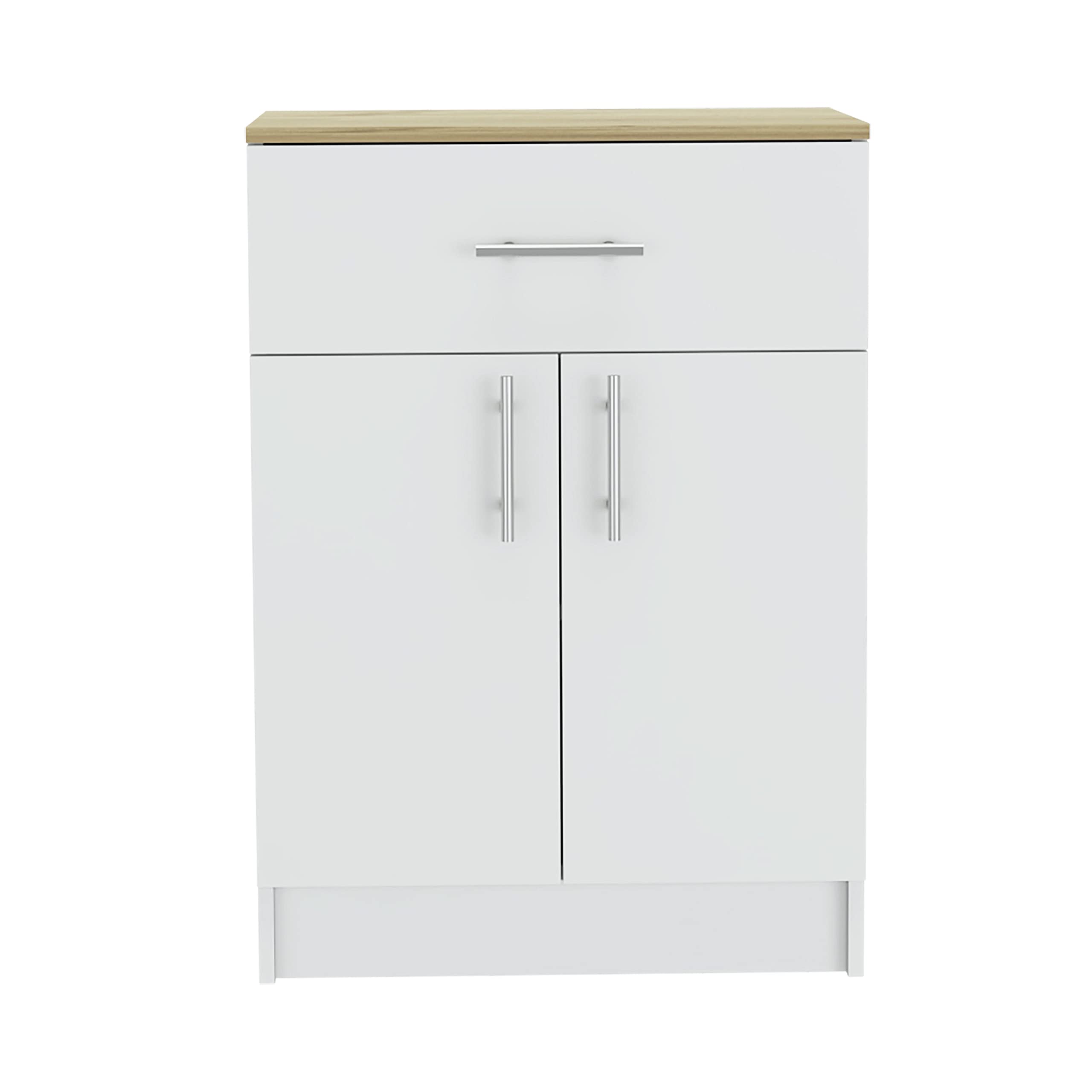 White/Light Oak Oxford Pantry Cabinet with Double Doors, Drawer & Metal Handles - 2 Interior Shelves for Kitchen Storage, Pantry Organization & Dining Room Decor