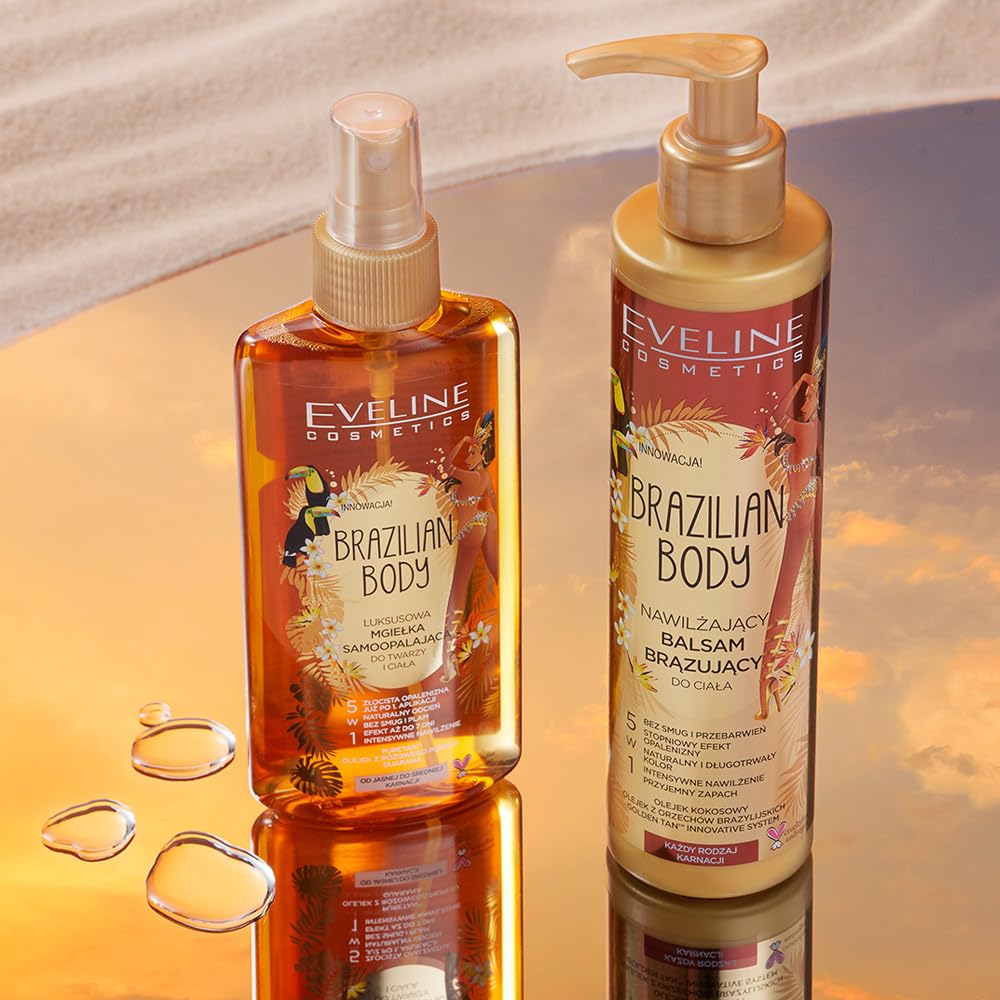 Eveline Brazilian Body Luxury Self-Tanning Mist for Face & Body - 5.07 fl oz Natural Sunless Tan Lotion - Easy Spray Application for Glowing Summer Skin at Beach or Pool Party