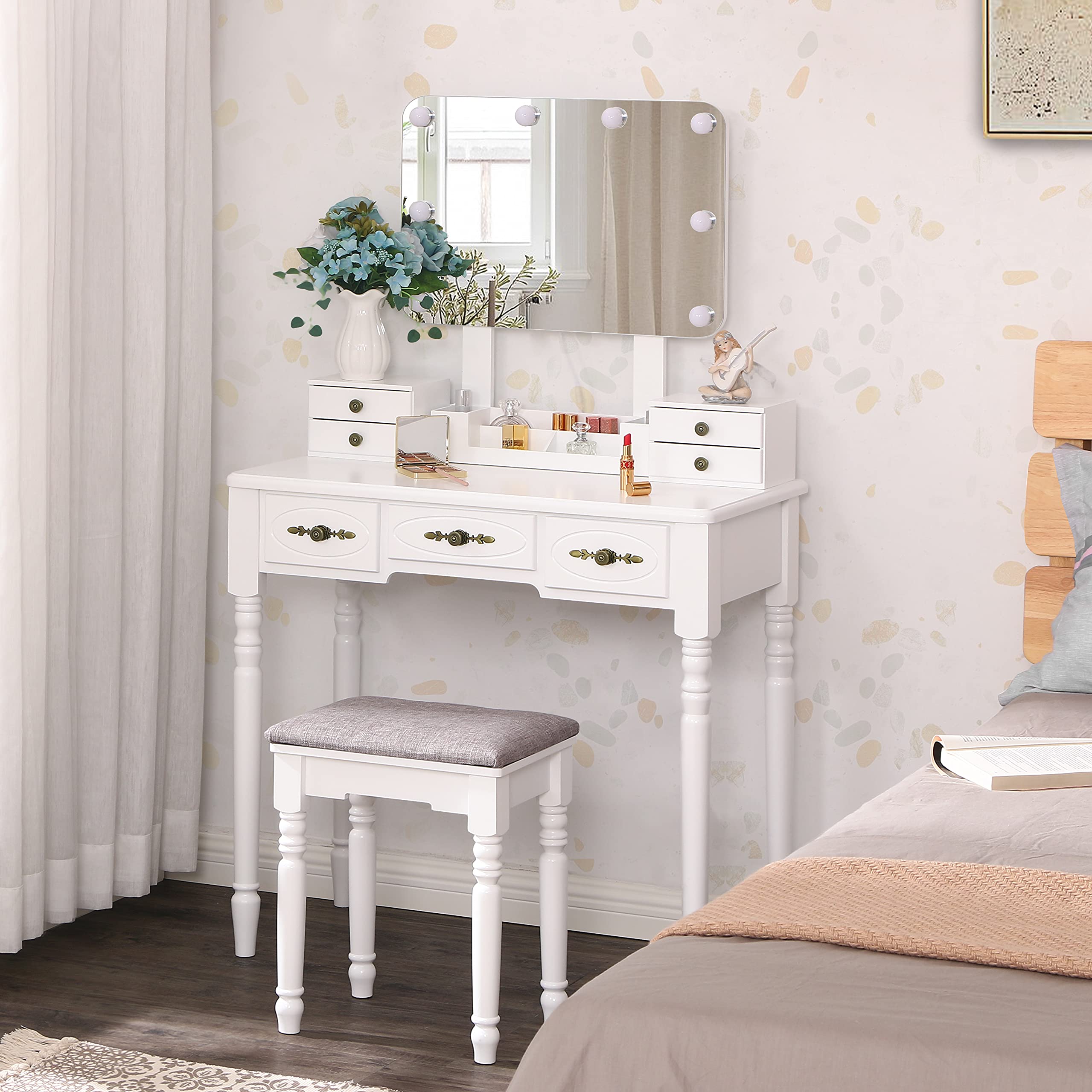 BEWISHOME White Vanity Desk with Mirror and LED Lights - Makeup Vanity Set with 8 Adjustable Bulbs, 3 Color Modes, 7 Drawers & Stool - Modern Dressing Table for Bedroom, Bathroom or Salon (Model FST13W)