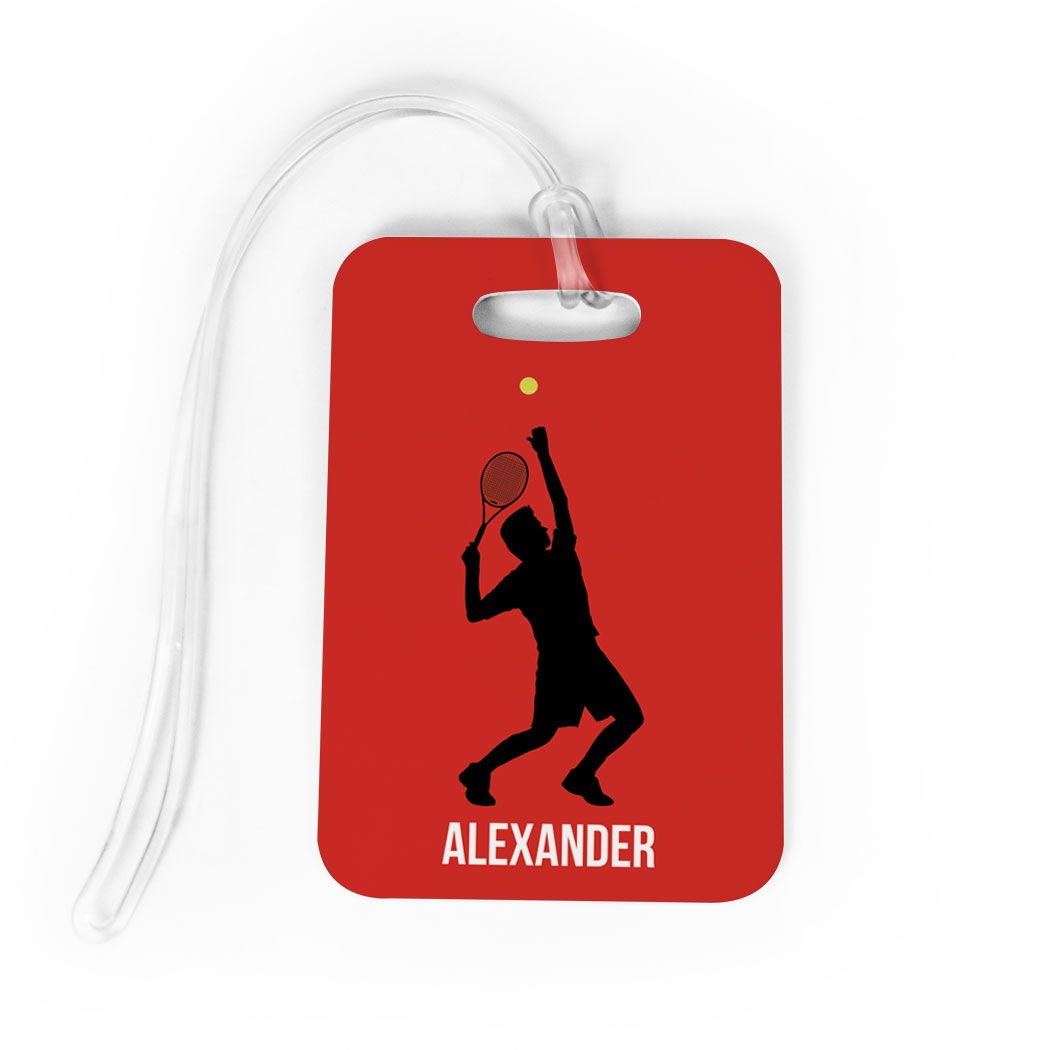 Personalized Tennis Luggage Tag for Men - Custom Guy Tennis Player Design with Standard Lines, Medium Size in Red & Black - Perfect for Tennis Bags, Gym Bags & Travel Accessories
