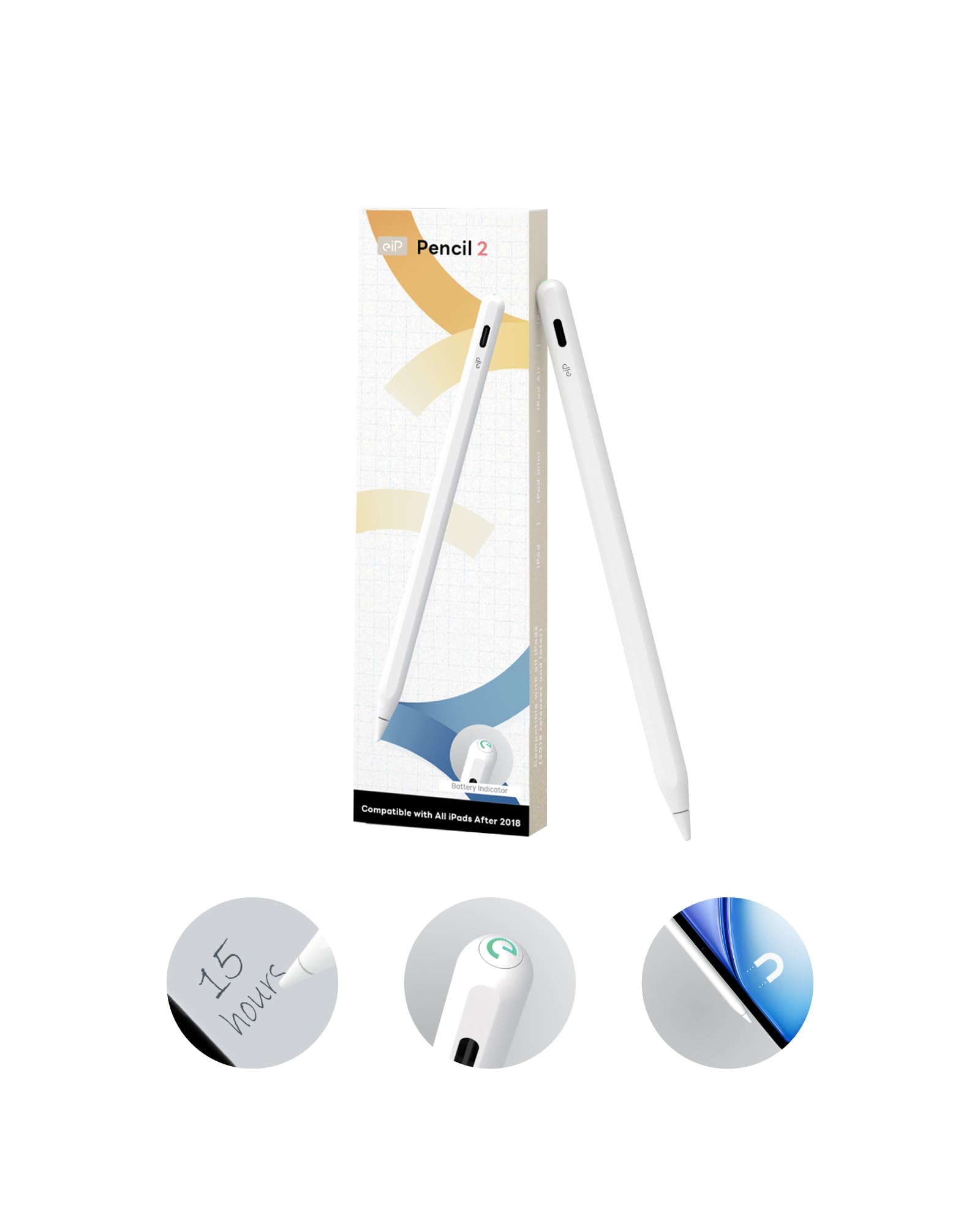 eiP Pencil 2 for iPad 2024-2018 - Magnetic Stylus with 0.1mm Precision, 2X Durable Tips & Palm Rejection - Compatible with iPad 10/9/8/7/6th Gen, iPad Pro 12.9/11/13
