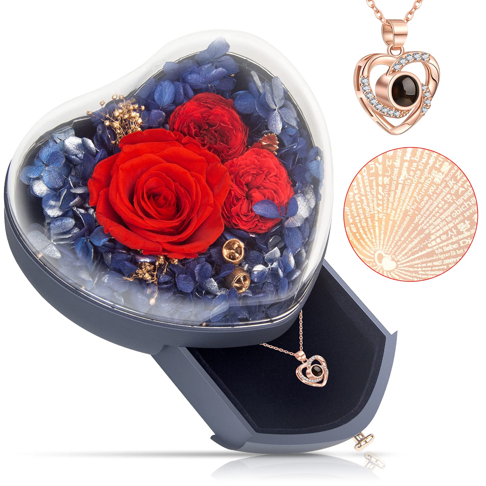 Real Preserved Rose Necklace - I Love You in 100 Languages Jewelry Gift for Women, Girlfriend, Wife, Mom | Perfect for Valentine's Day, Anniversary, Mother's Day, Christmas & Birthday | Romantic Keepsake for Special Occasions