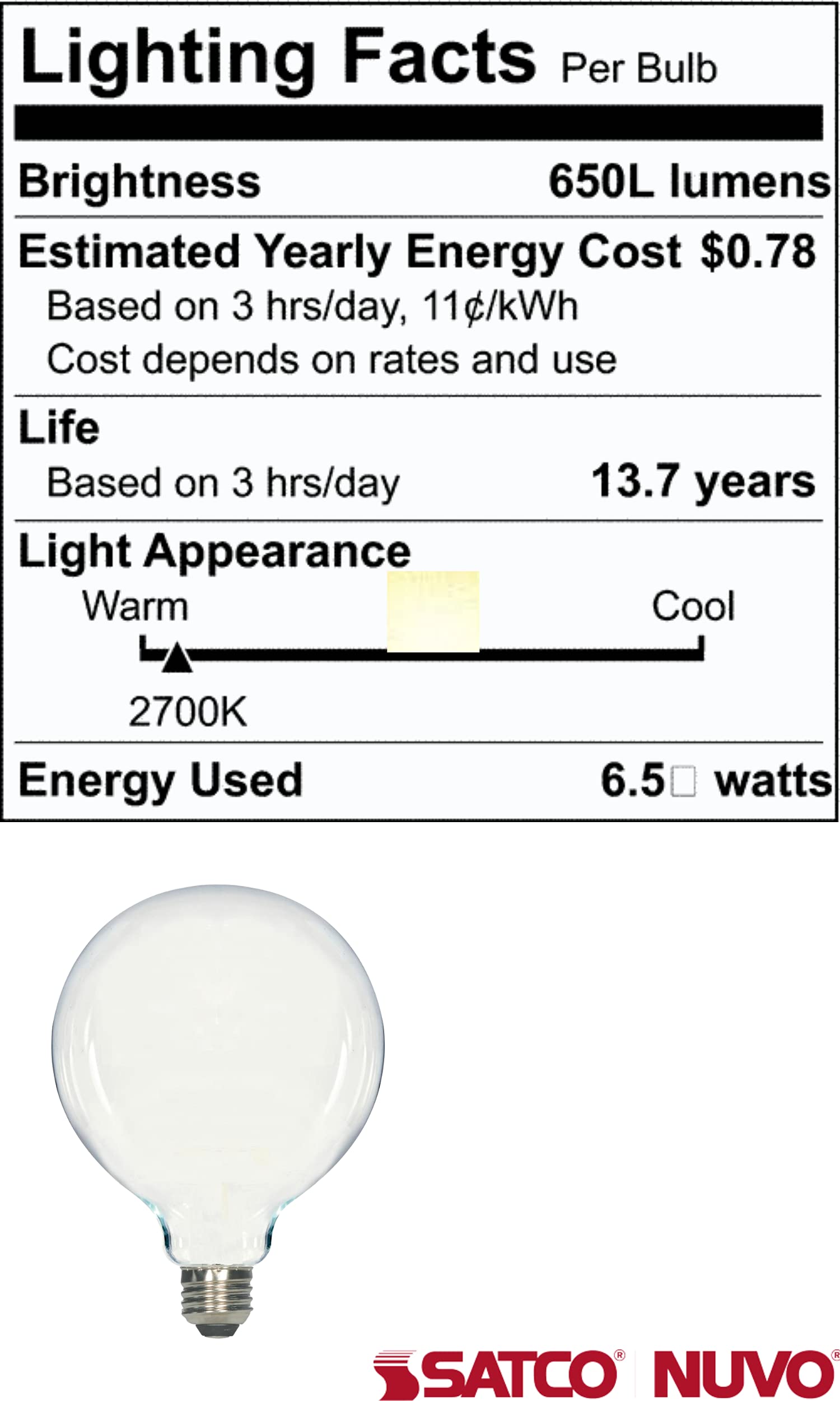 Satco S12112 6.5 Inch 6.5W G40 LED Medium Base Light Bulb - 2700K Warm White Frosted Finish - Energy Efficient Replacement for Home, Office & Commercial Lighting