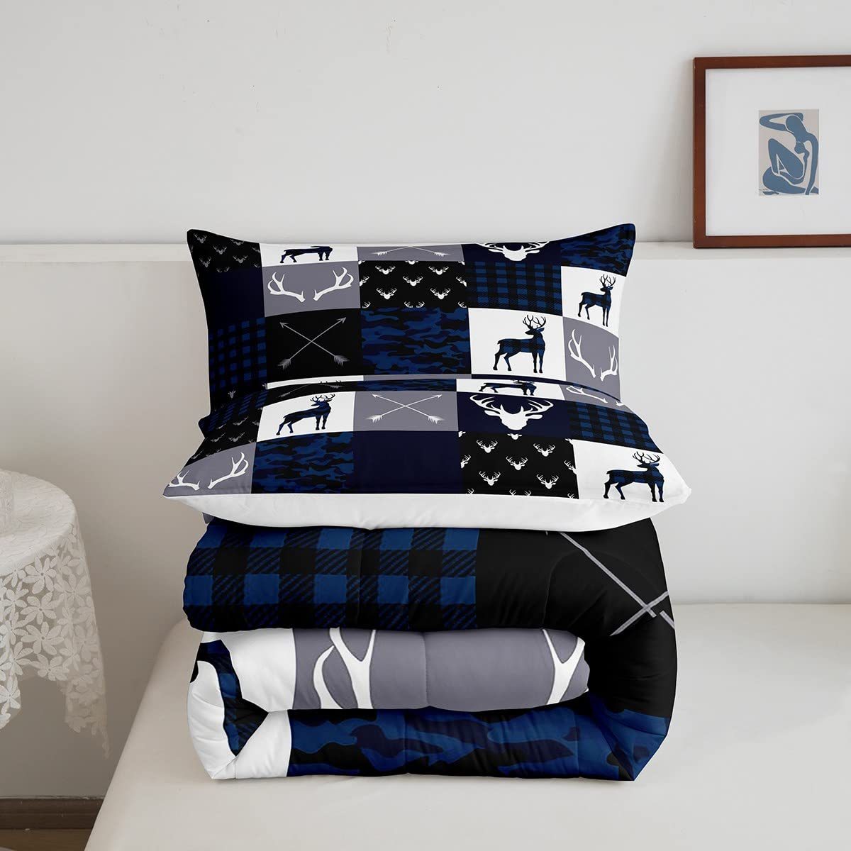 Manfei Camo Deer Antlers Comforter Set Twin - Geometric Plaid Patchwork Bedding 2pc for Kids & Teens (Blue Grey) | Boho Arrow Christmas Quilt with Duvet Insert & Pillowcase | Perfect for Boys/Girls Room Decor & Holiday Gift
