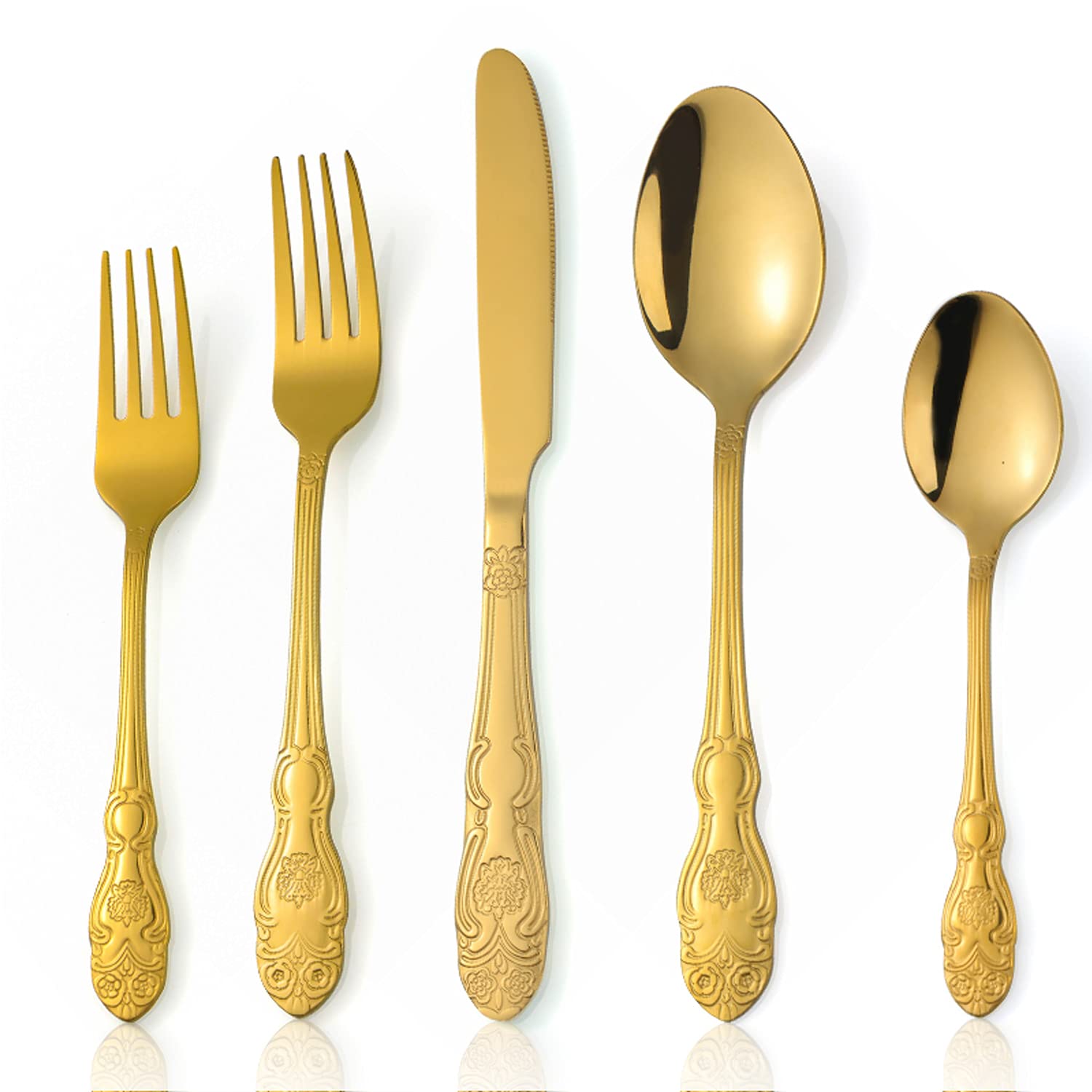 Premium Stainless Steel Gold Flatware Cutlery Set - 5-Piece Mirror Polished Silverware Set for Everyday Dining | Dishwasher Safe & Durable | Perfect for Home, Restaurant, and Party Use