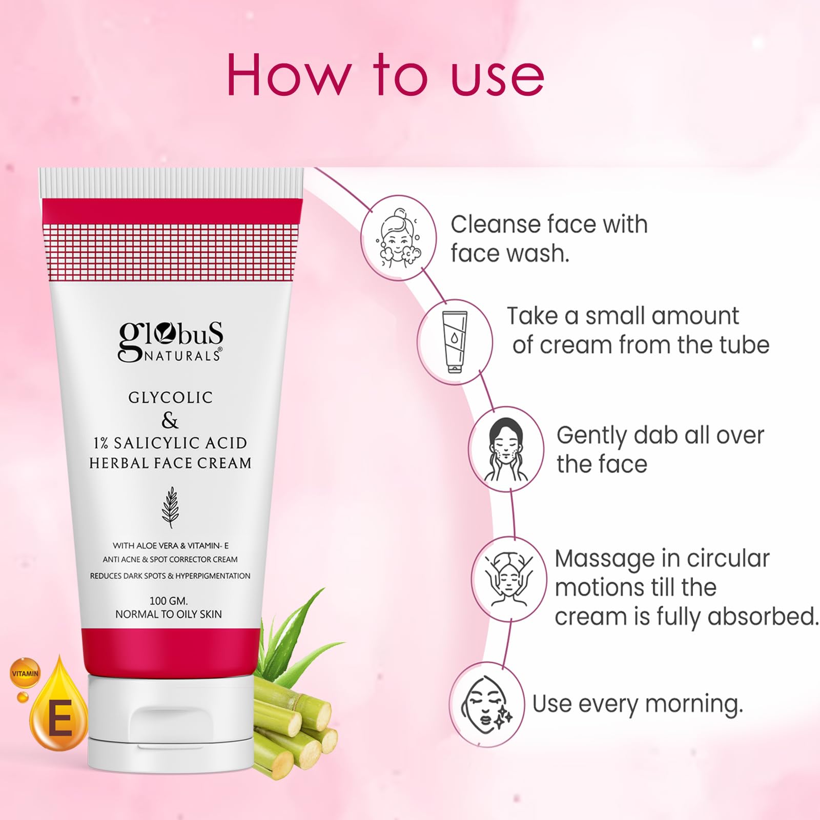 Globus Naturals Glycolic & 1% Salicylic Acid Anti-Acne Face Cream with Licorice & Oats - Reduces Dark Spots, Hyperpigmentation & Breakouts - 100g for Clear, Glowing Skin | Perfect for Daily Skincare Routine & Acne-Prone Skin