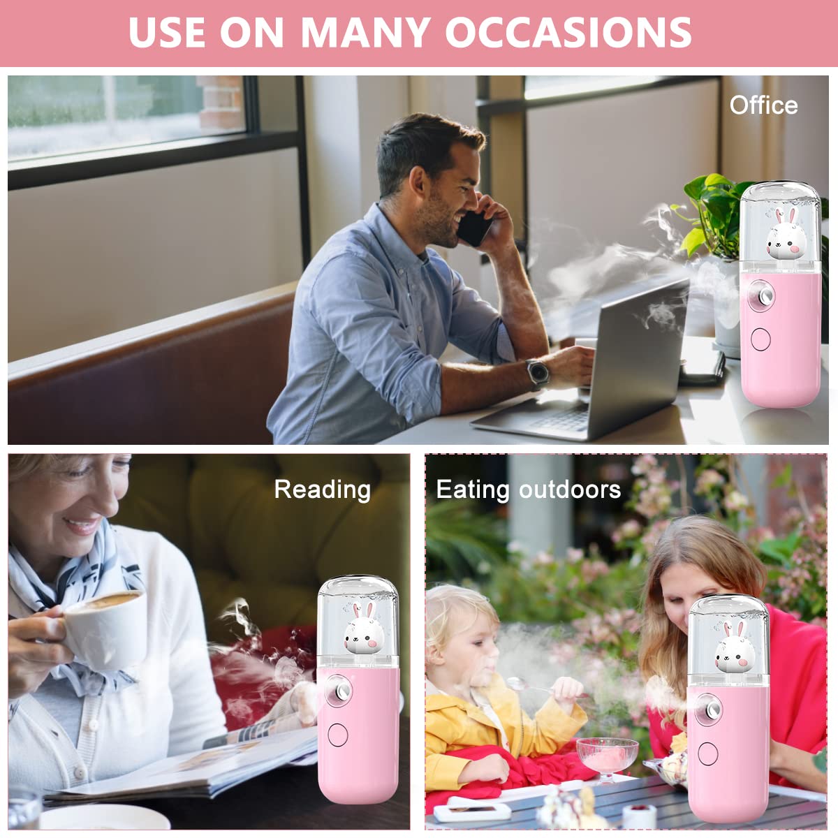 ELEPHANTBOAT® Pink Portable Nano Facial Mist Sprayer 30ml - USB Rechargeable Moisturizing Face Spray Machine with Cute Bunny Design for Skin Hydration & Beauty Care | Perfect for Travel, Office & Home Skincare Routine