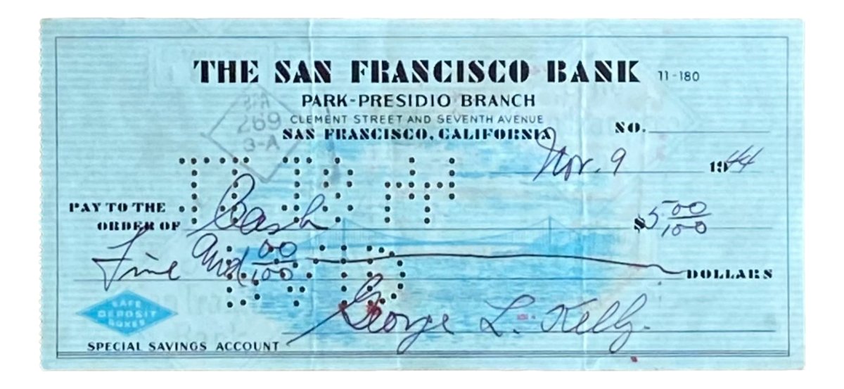 George Kelly New York Giants Autographed Signed Bank Check Dated November 9 1944 - Rare Sports Memorabilia for Collectors & Giants Fans