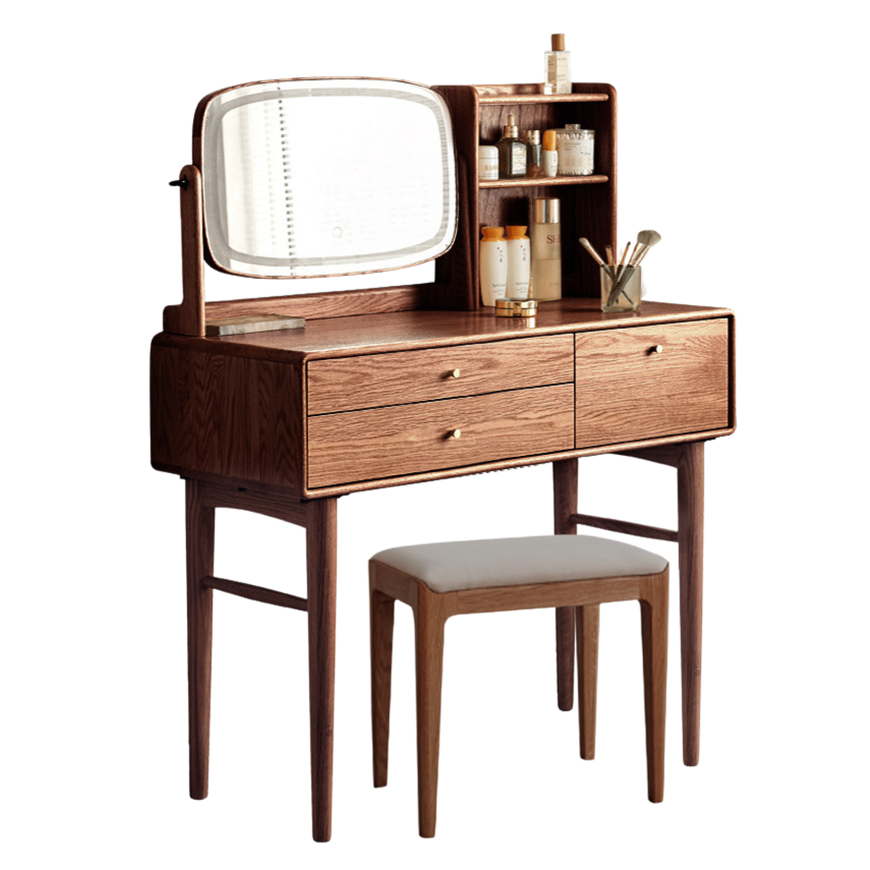 39.4x15.7x48.4 inch/ 100x40x123сm/ Walnut color/Oak Illuminated makeup table (adjustable mirror) + soft bag makeup stool