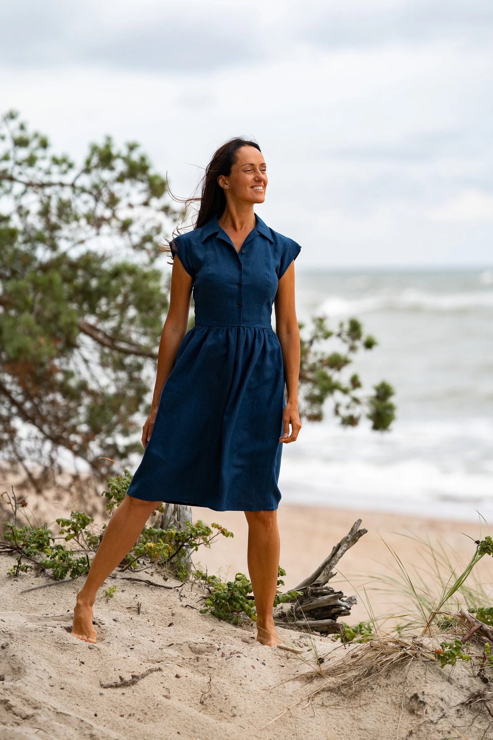 Elegant Fitted Linen Dress - Cinderella Style in Midnight Blue | Perfect for Summer Weddings, Garden Parties & Casual Outings