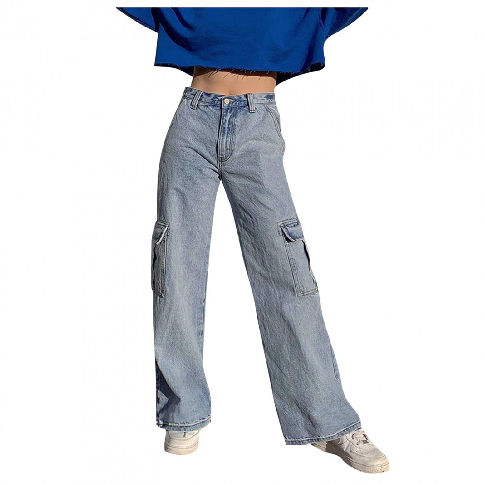 Women's Relaxed Fit Wide Leg Cargo Jeans - High Waist Stretch Denim Pants with Flap Pockets | Straight Leg Baggy Jeans for Autumn | Casual Outfits, Streetwear & Everyday Comfort