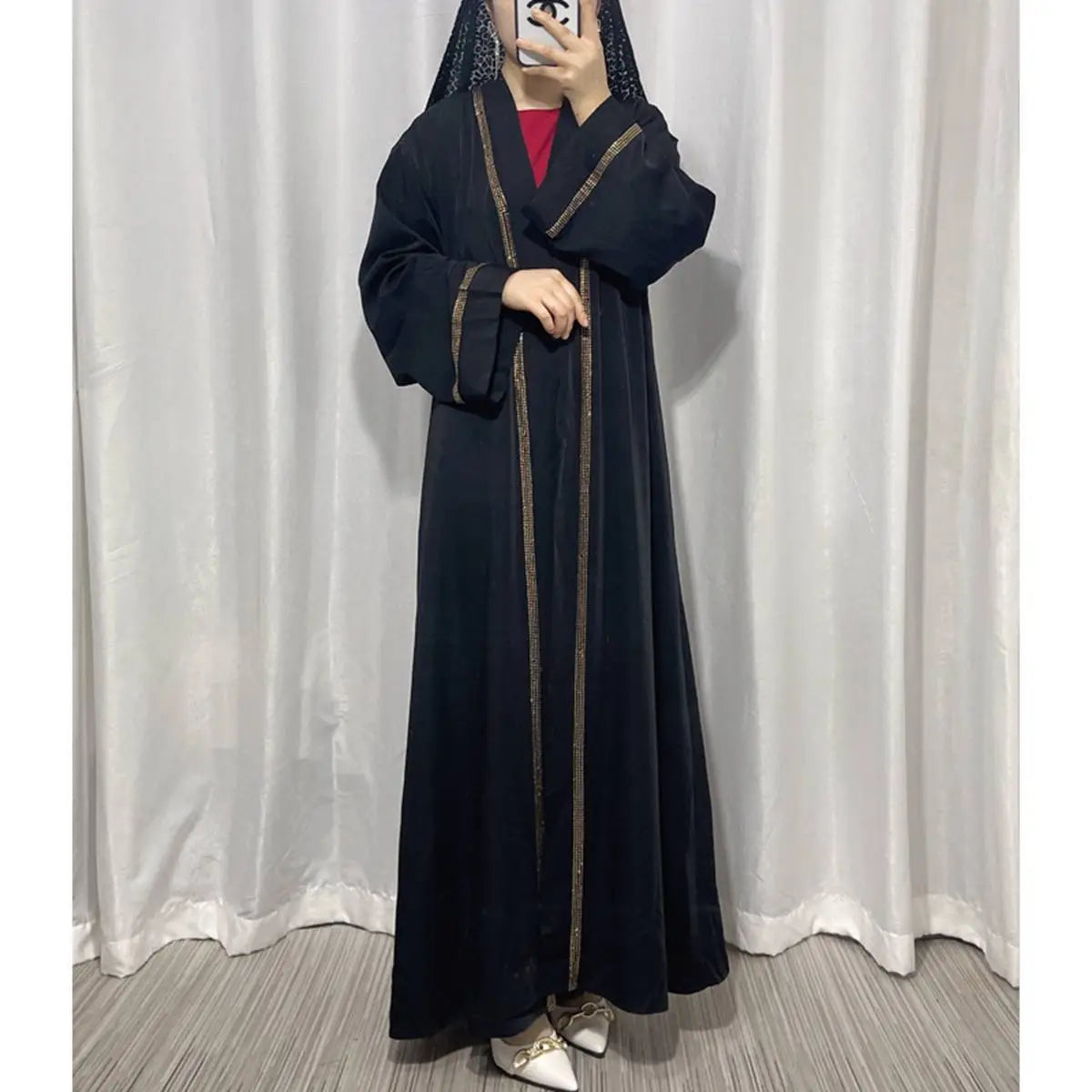 Hotfix Rhinestone Trim Muslim Women's Cardigan Open Abaya Dress - Elegant Islamic Fashion for Prayer, Wedding & Special Occasions