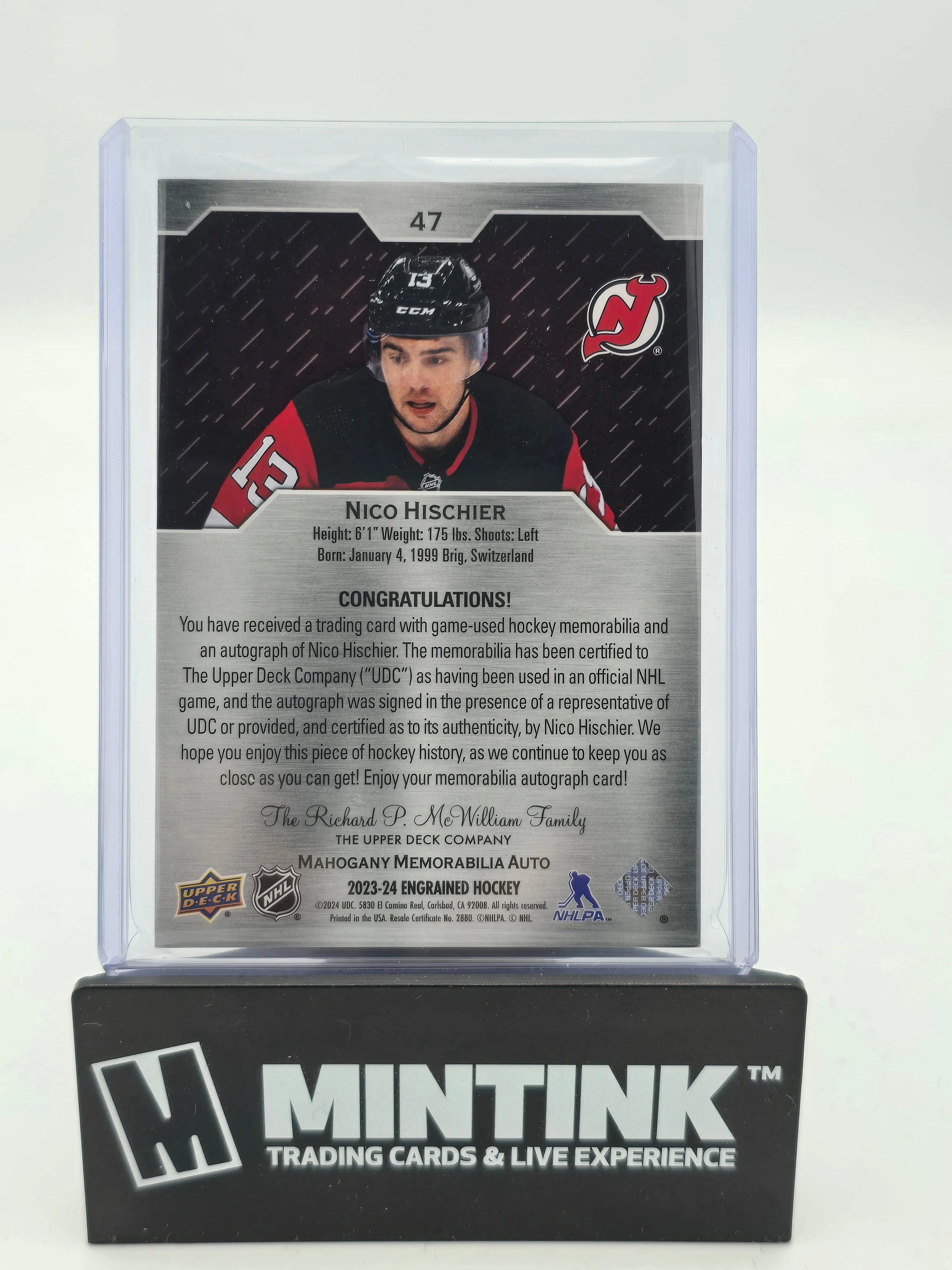 2023-24 Upper Deck Engrained Hockey Nico Hischier Mahogany Jersey Auto /25 - Rare Collectible Trading Card for NHL Fans & Sports Memorabilia Collectors - Perfect for Display, Investment & Gifting