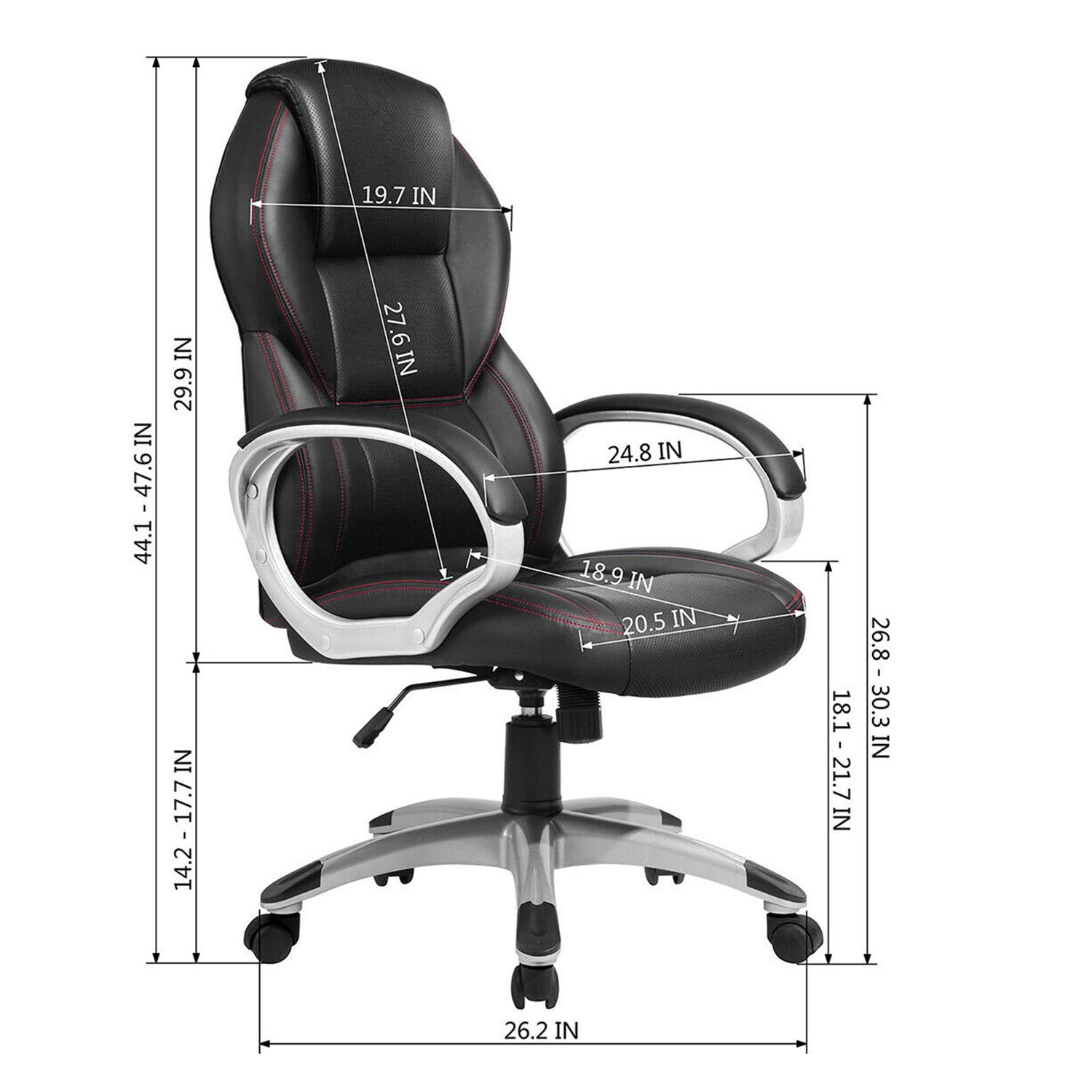Premium Black Modern High-Back Executive Office Chair with Red Stitching - Ergonomic Swivel Desk Chair with Caster Wheels & Adjustable Height (26.18