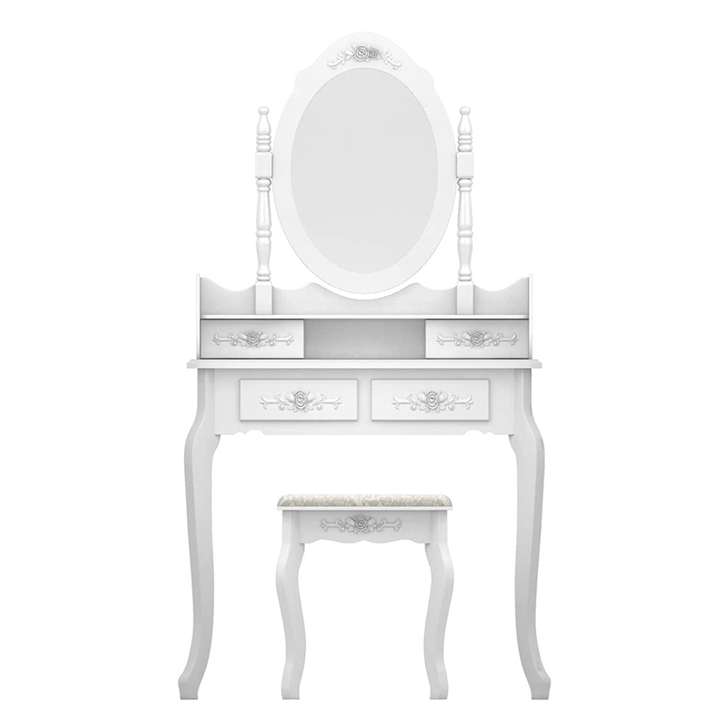 Modern White 4-Drawer Dressing Table with 360° Rotating Mirror & Matching Stool - Space-Saving Vanity Desk for Bedroom, Makeup & Beauty Organization