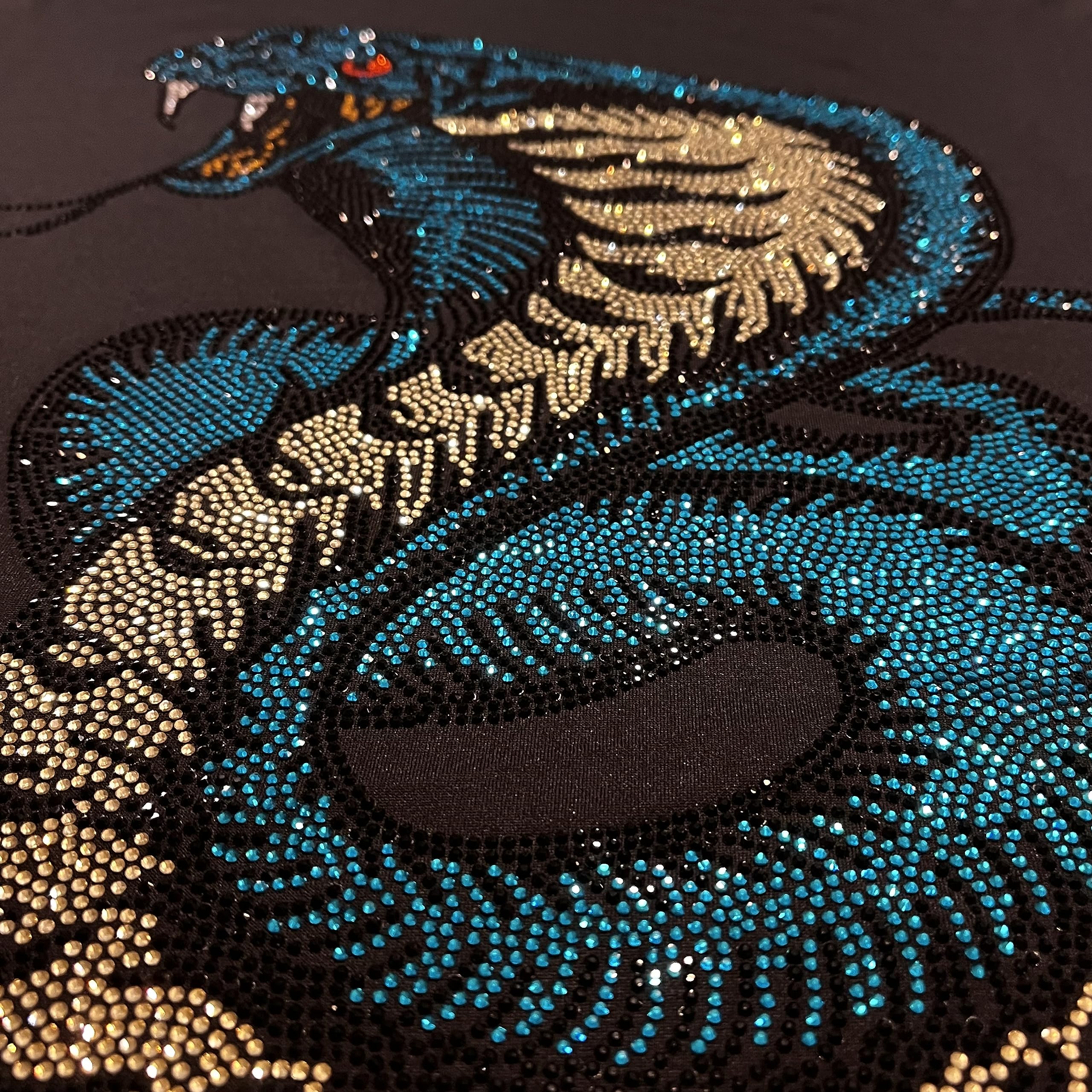 Big Snake Iron-on Rhinestones Heat Transfer Patch - Cobra Applique with Hot Fix Crystals in Yellow, Turquoise & Black - Perfect for Jackets, Jeans & Bags DIY Embellishment