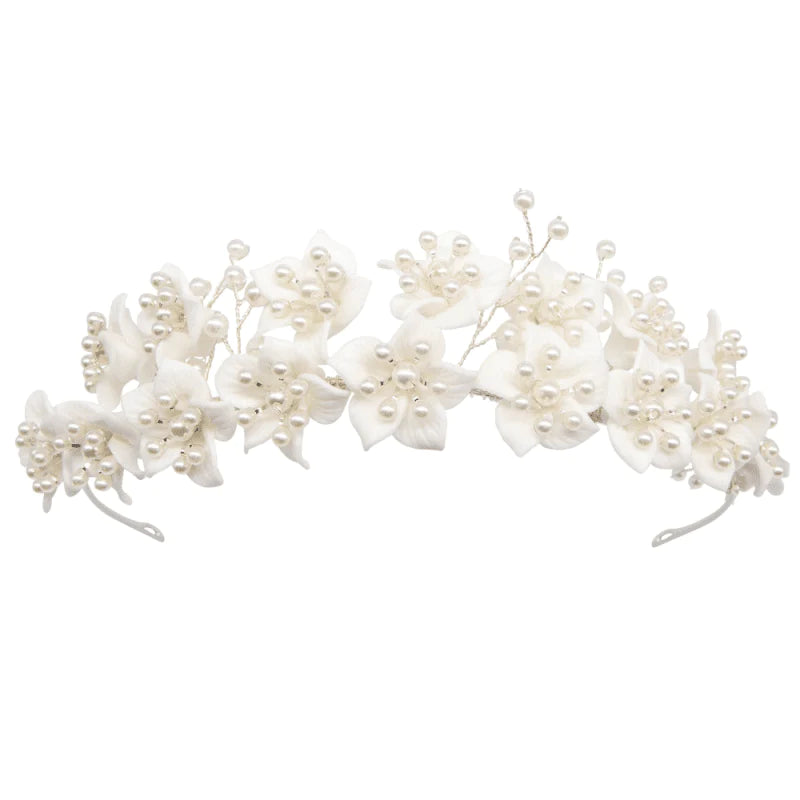Elegant Silver Floral Wedding Headband with Pearls - Bridal Hair Accessory for Bridesmaids, Flower Girls & Special Occasions (Style 7839)