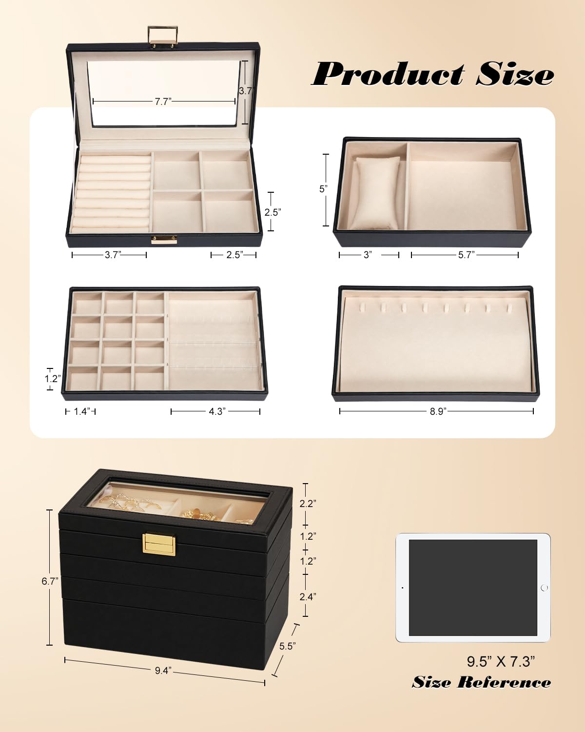 Homde Stackable Jewelry Organizer Box with Glass Lid & Removable Dividers - Black Jewelry Tray for Necklaces, Rings, Earrings | Vanity Table Storage Solution for Women & Girls | Perfect Gift for Birthdays, Mother's Day & Christmas