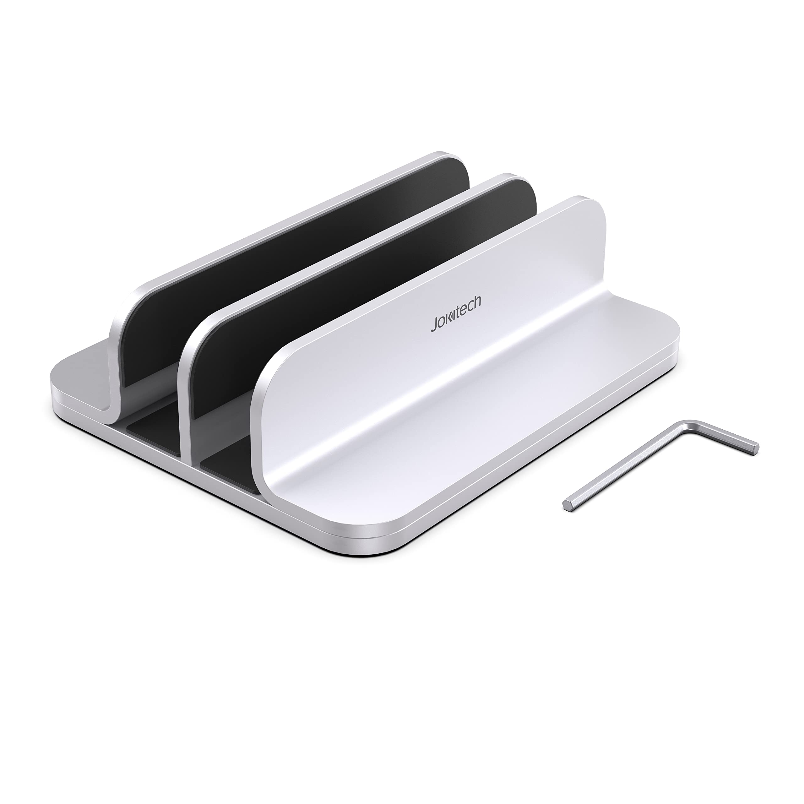 Premium Double Aluminum Laptop Vertical Stand Organizer | Heavy-Duty Notebook Computer Holder for MacBook Air/Pro, Mac Mini, iPad Pro & Apple TV | Space-Saving Silver Desktop Organizer for Home & Office Workspaces