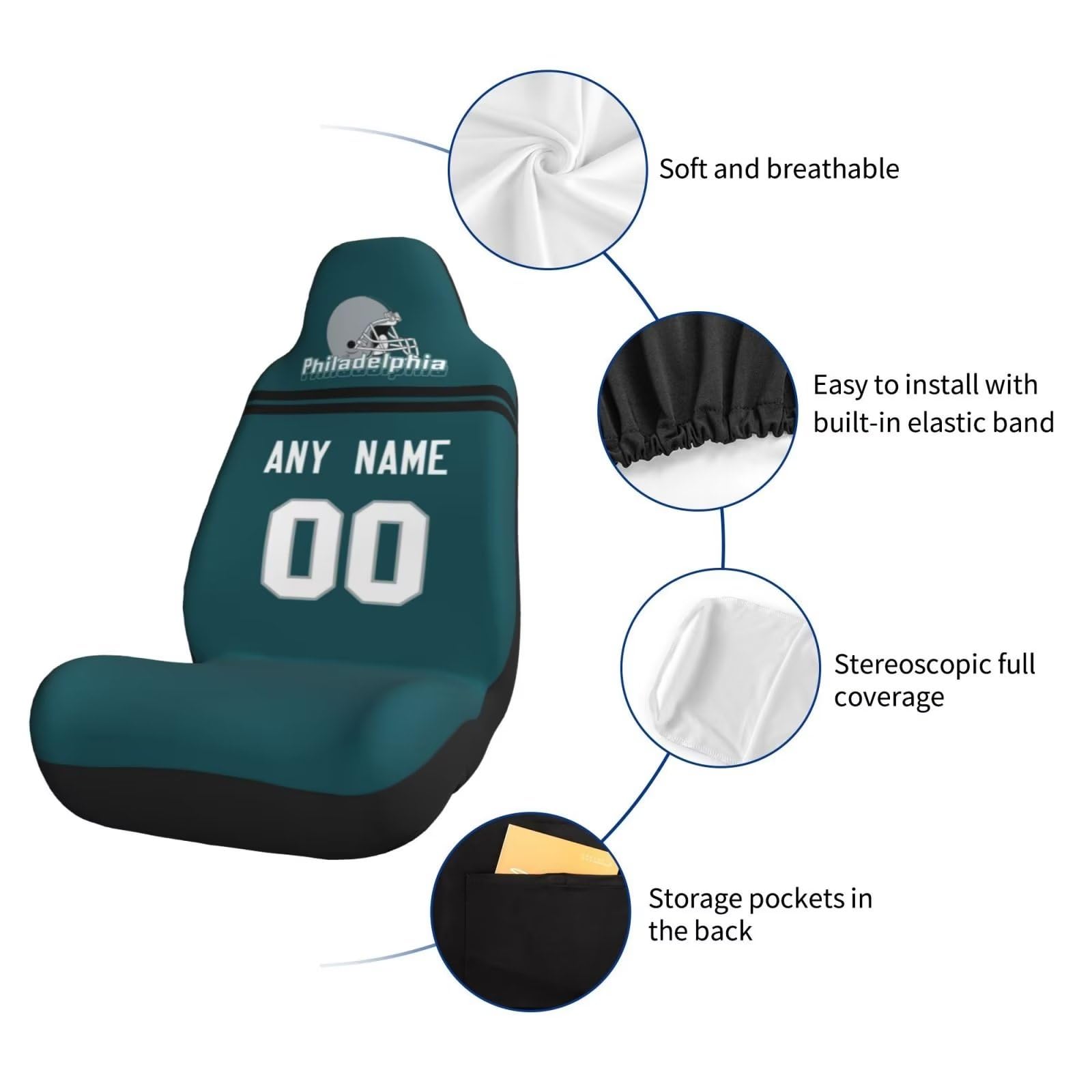 Custom Philadelphia Eagles Football Car Seat Covers - Personalized Name & Number Car Accessories - Universal Fit Elastic Front Seat Protectors (2-Piece Set) - Perfect for Eagles Fans, Game Day Tailgating & Protecting Car Seats