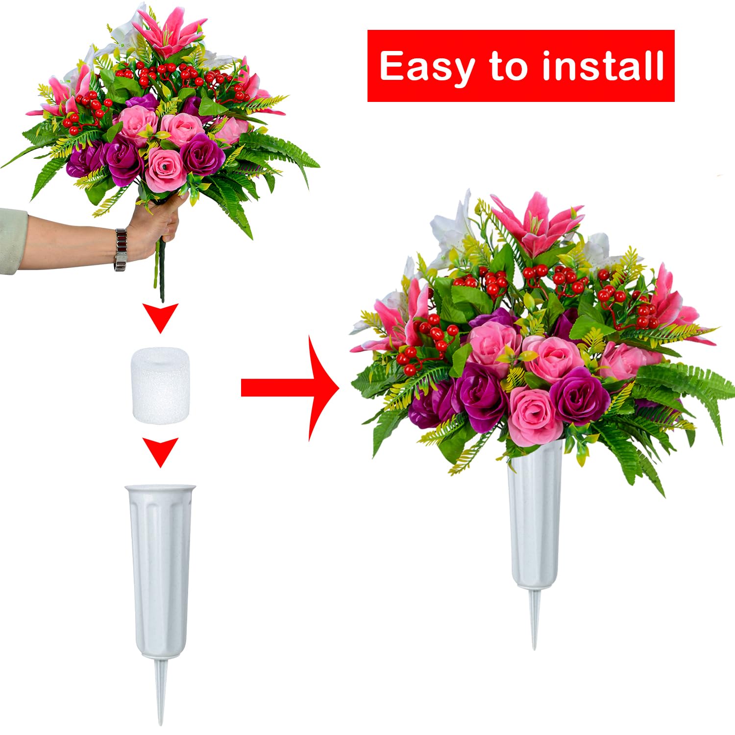 XONOR Artificial Cemetery Flowers with Vase - Set of 2 Rose & Lily Bouquets for Graves, Memorials & Headstone Decorations - Perfect for Graveside Tributes & Cemetery Displays