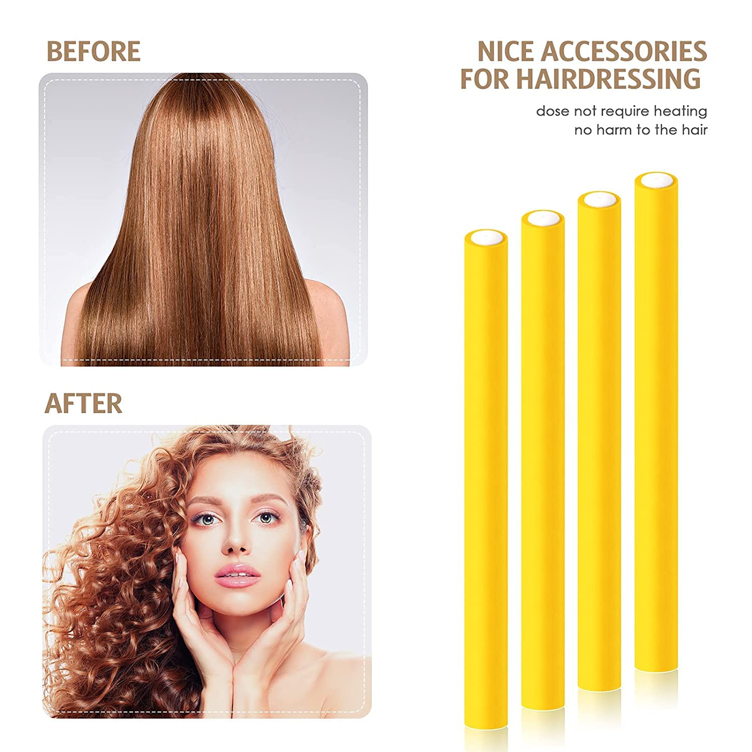 SIYAA 20-Piece Flexible Curling Rods Set - No Heat Soft Foam Hair Rollers & Twist Curlers with Steel Pintail Comb for Women & Girls (Yellow) - Perfect for Salon-Quality Curls at Home, Travel & Everyday Styling