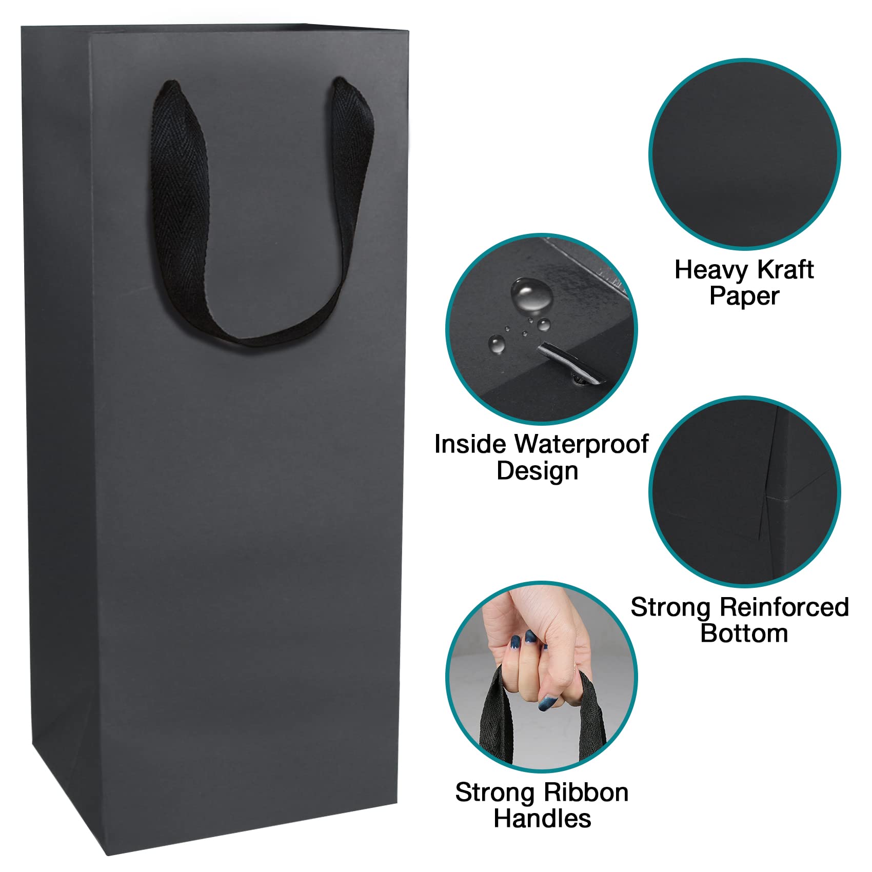 20 Pack Black Wine Gift Bags with Handles - 6x5x15 Inch Bulk Kraft Paper Bottle Bags for Champagne, Liquor & Alcohol Gifts - Perfect for Weddings, Parties & Holiday Presents