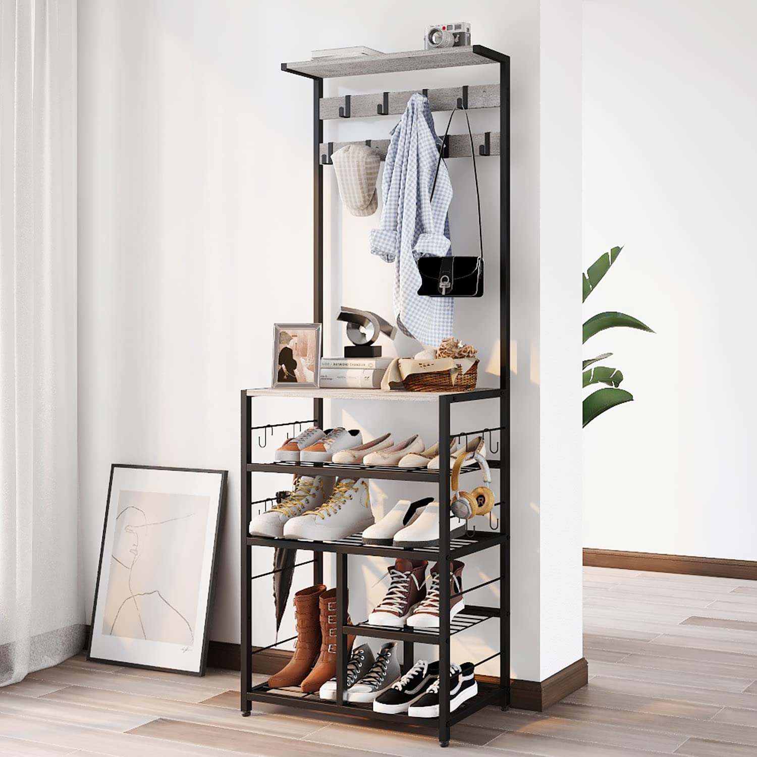 Vintage Large 5-Tier Hall Tree with Console Table - Entryway Coat Rack & Shoe Storage Organizer - Standing Floor Shelf for Home, Office, Bedroom (Greige) - Perfect for Small Spaces & Entryway Organization
