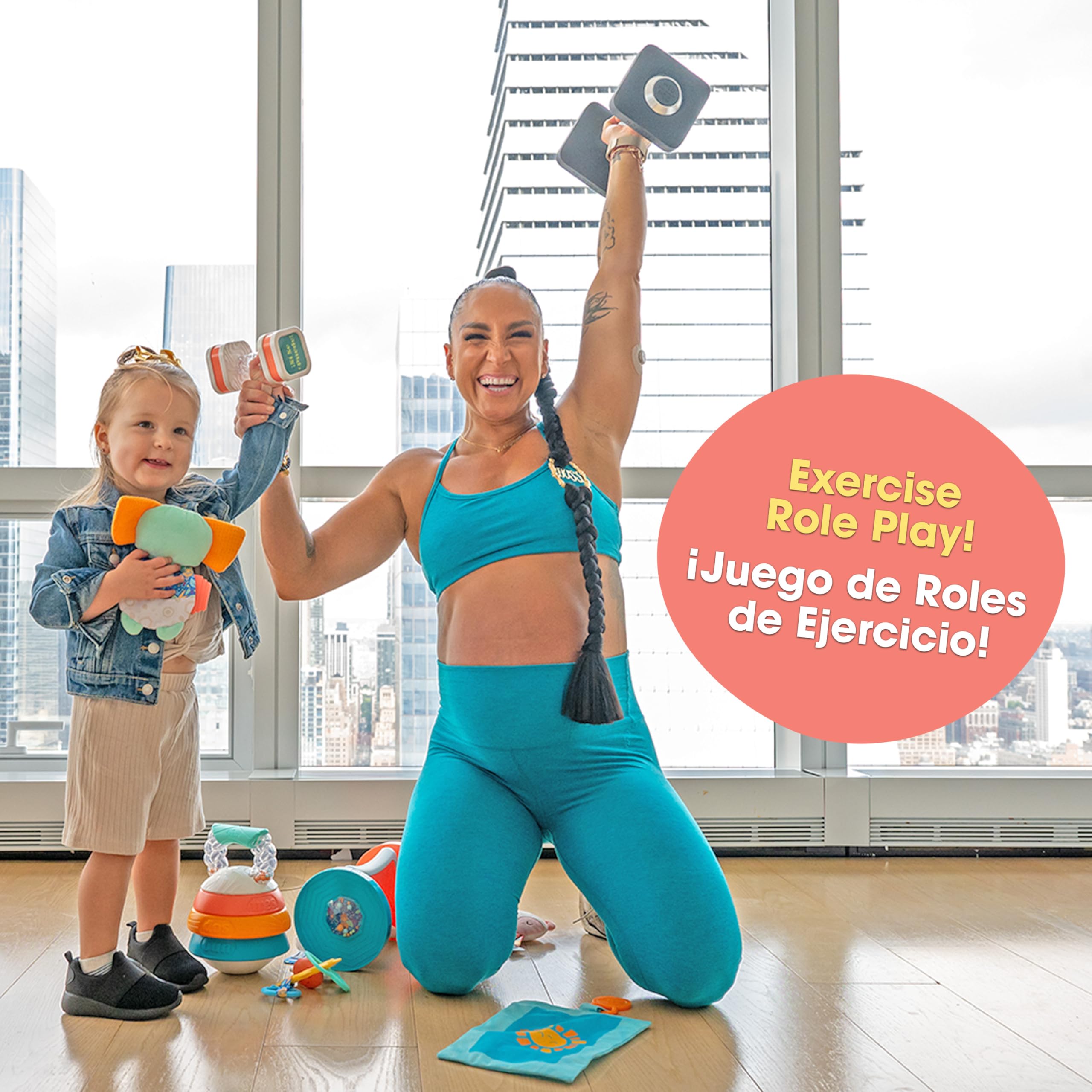 BEBE FUERTE Stack and Count Kettlebell Activity Toy - Bilingual English/Spanish Baby Workout & Stacking Toy - Educational Gift for Infants & Toddlers 6+ Months - Perfect for Early Learning & Motor Skill Development