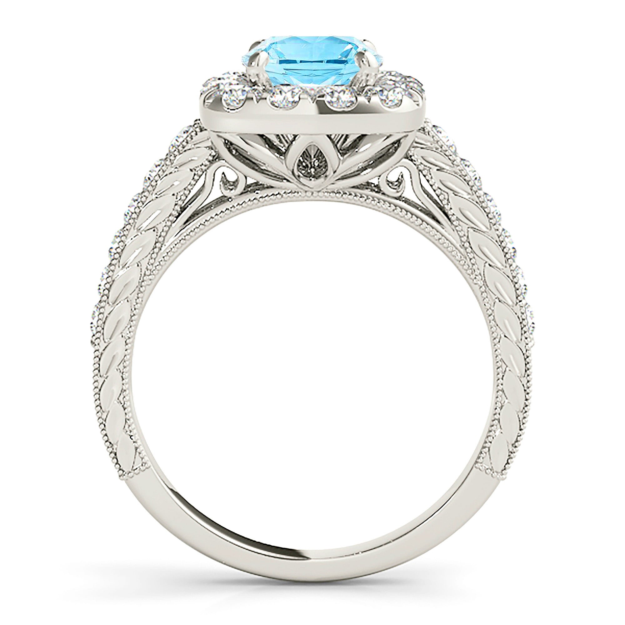 2.00 Carat Genuine Aquamarine Engagement Ring with Cushion Halo & Milgrain Diamond Band - Elegant Wedding, Anniversary & Gift Jewelry for Women