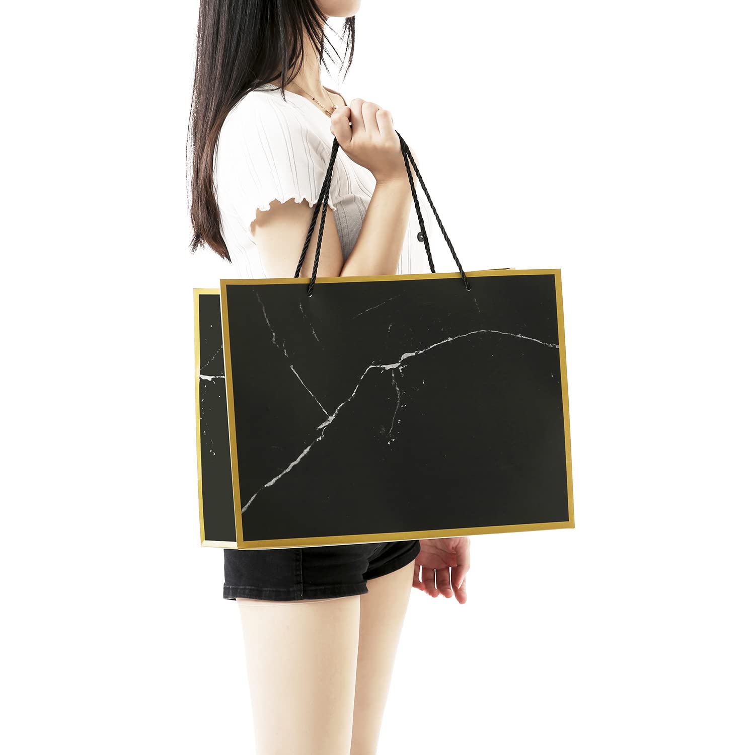 10 Extra Large Marble Print Gift Bags Bulk (16x6x12 Inches) - Gold & Black Paper Gift Bags with Handles - Elegant Groomsmen & Wedding Party Gift Bags - Perfect for Birthday, Anniversary, Bridal Shower & Holiday Presents
