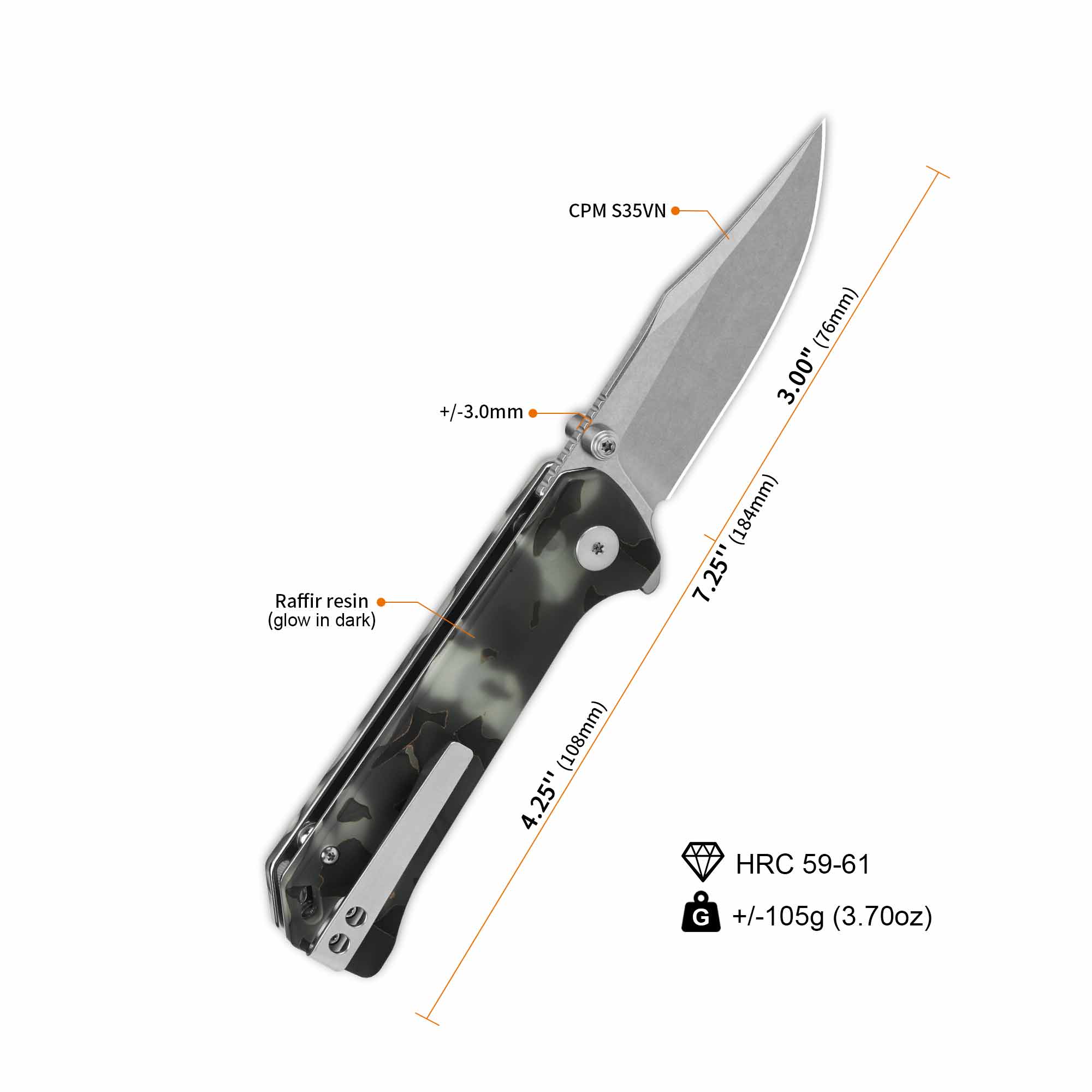 QSP Grebe Button Lock Pocket Knife - S35VN Steel Blade with Raffir Resin Glow in Dark Handle - EDC, Camping, Hiking & Outdoor Survival Tool