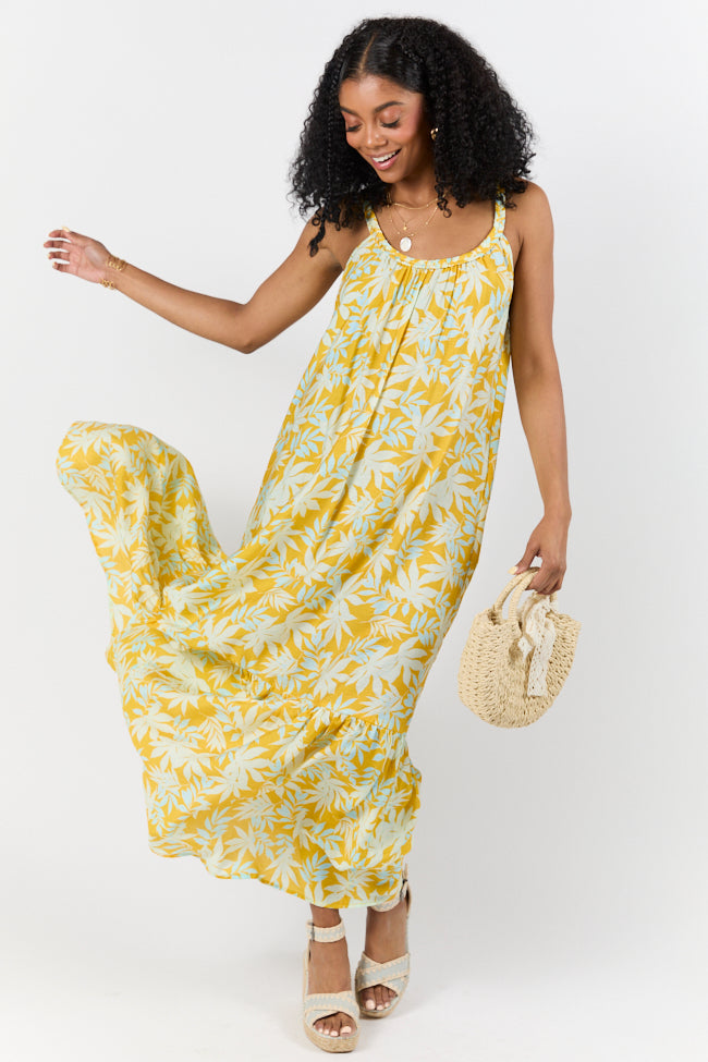 Yellow Leaf Print Maxi Dress - Flowy Bohemian Summer Dress for Women | Perfect for Beach Vacations, Music Festivals & Date Nights