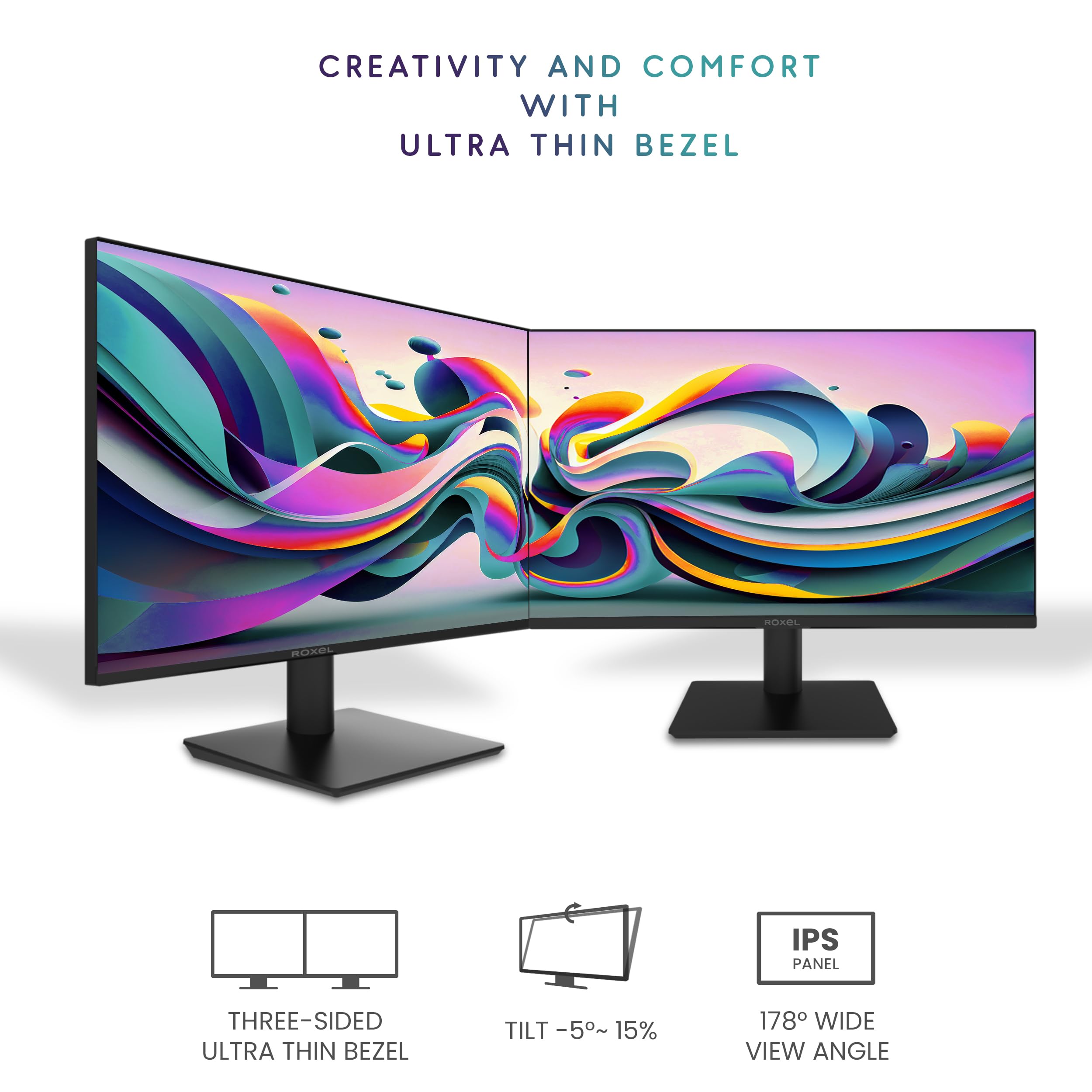 Roxel 27 Inch IPS FHD Computer Monitor - Borderless Design, 1080P Full HD, 75Hz Refresh Rate, HDMI & VGA Ports, 99% sRGB, 5ms Response Time, Eye Care (Flicker-Free & Low Blue Light), Frameless Display - Perfect for Home Office, Gaming, and Multimedia Entertainment