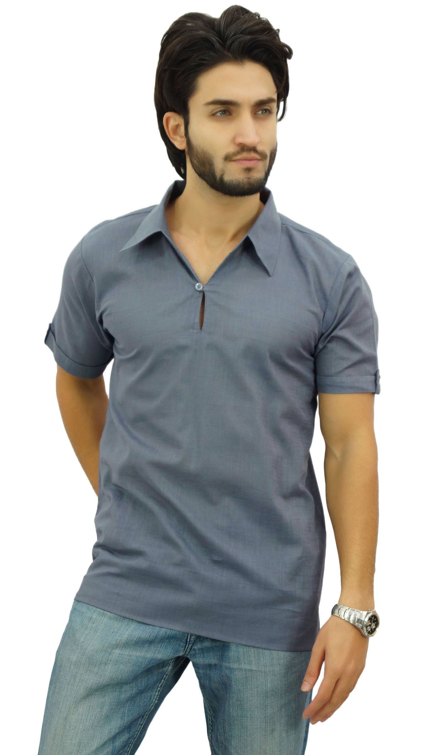 Atasi Men's Short Sleeve Cotton Kurta Collar Shirt - Indian Traditional Casual Wear for Festivals, Weddings & Daily Comfort