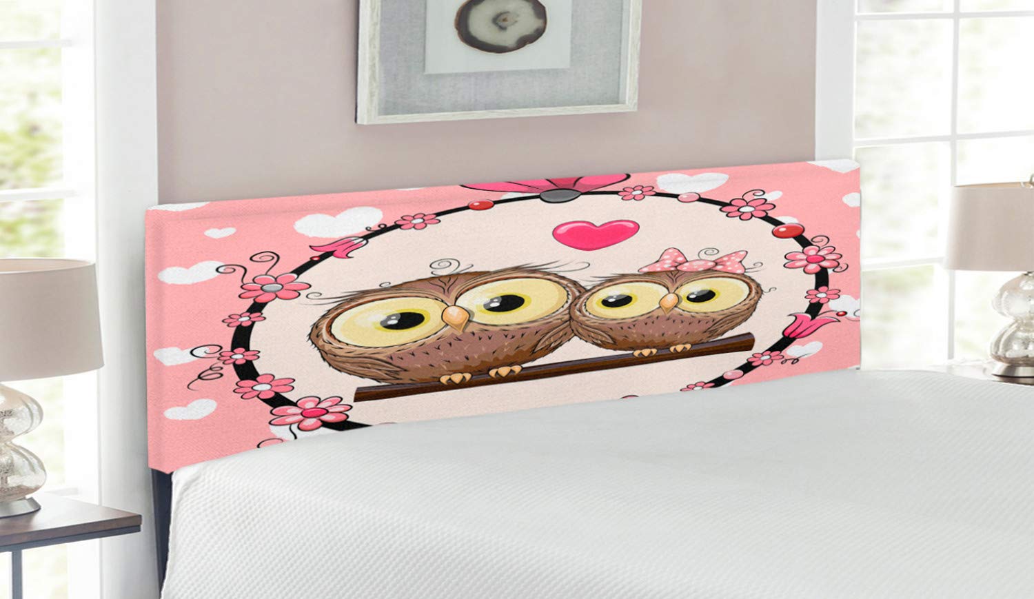 Ambesonne Owl Couple Headboard - Queen Size Upholstered Metal Bed Headboard with Memory Foam, Floral Wreath Design in Coral Brown & Pale Yellow | Perfect for Bedroom Decor, Romantic Master Bedroom, Owl-Themed Nursery, and Cozy Home Decor