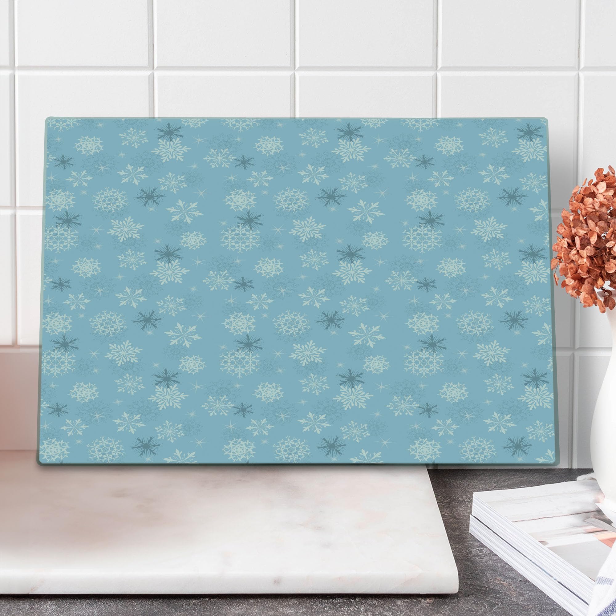 Ambesonne Winter Themed Tempered Glass Cutting Board - Large Decorative Serving Tray with Holiday Stars Design in Pale Blue, White & Grey | Perfect for Christmas Dinner, New Year's Eve Party & Winter Entertaining