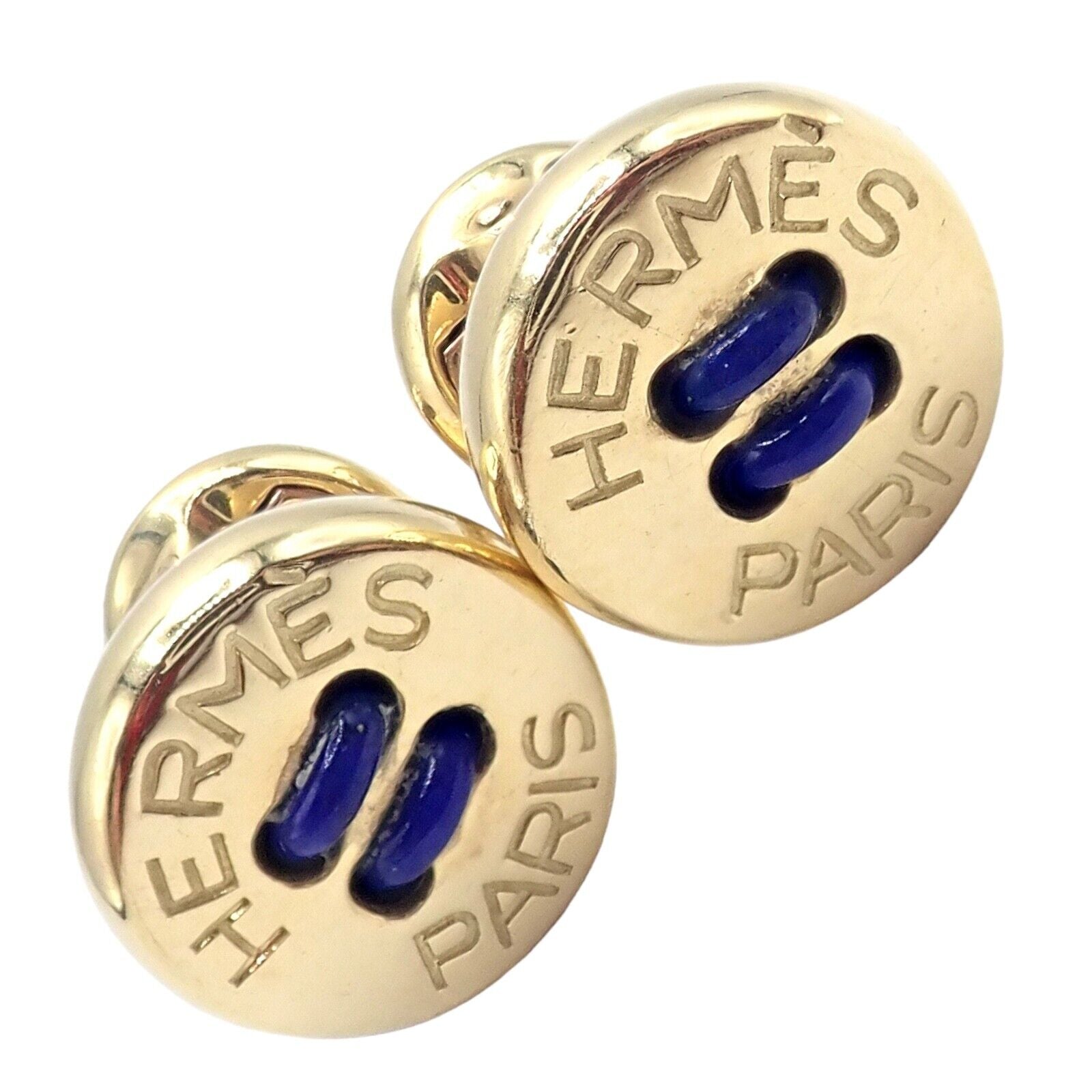 Vintage Authentic Hermes Paris 18k Yellow Gold Men's Lapis Button Cufflinks - Luxury Collectible Jewelry for Formal Events & Gifts