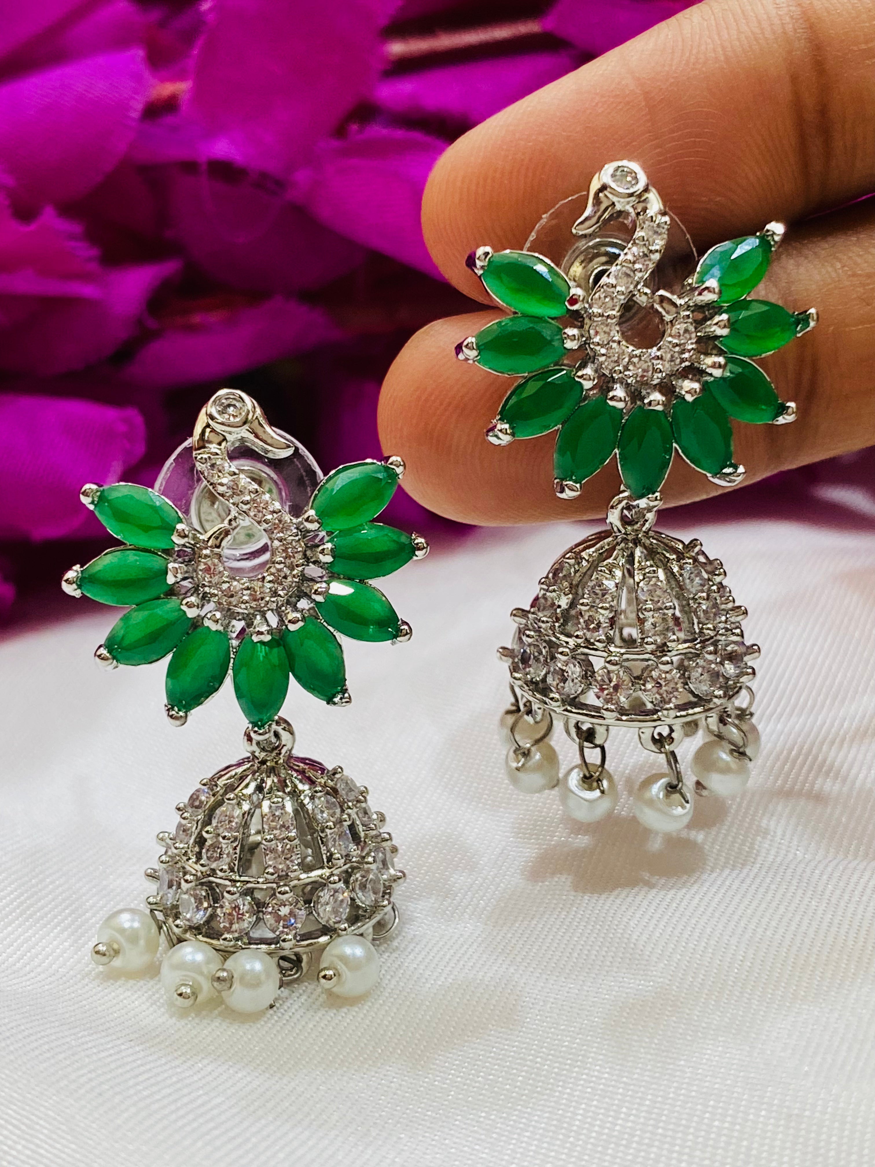 Elegant Green Peacock Design American Diamond Earrings for Women | Fashion Jewelry for Parties, Weddings & Special Occasions