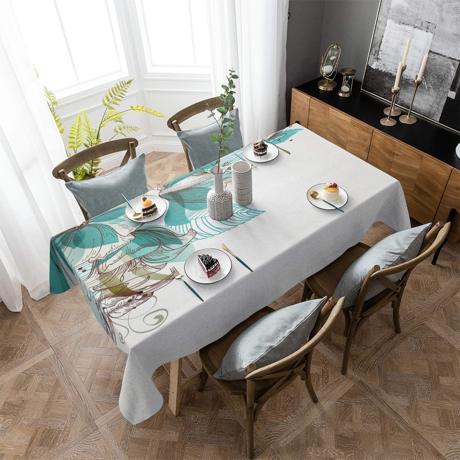 LooPoP Turquoise Floral Rectangle Tablecloth 60x84 Inches - Decorative Dining Table Cover for Indoor/Outdoor Use, Perfect for BBQ, Picnic, Coffee Table, and Party Decorations