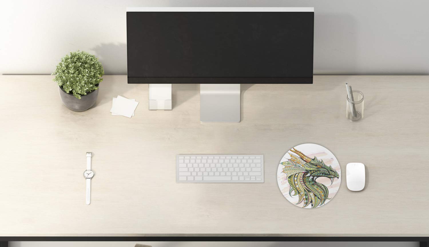 Ambesonne Celtic Dragon Gaming Mouse Pad - 8 Inch Round Non-Slip Rubber Surface with Mythical Illustration for PC, Laptop, Office & Home Use - Green Pale Peach Design for Gamers & Computer Enthusiasts