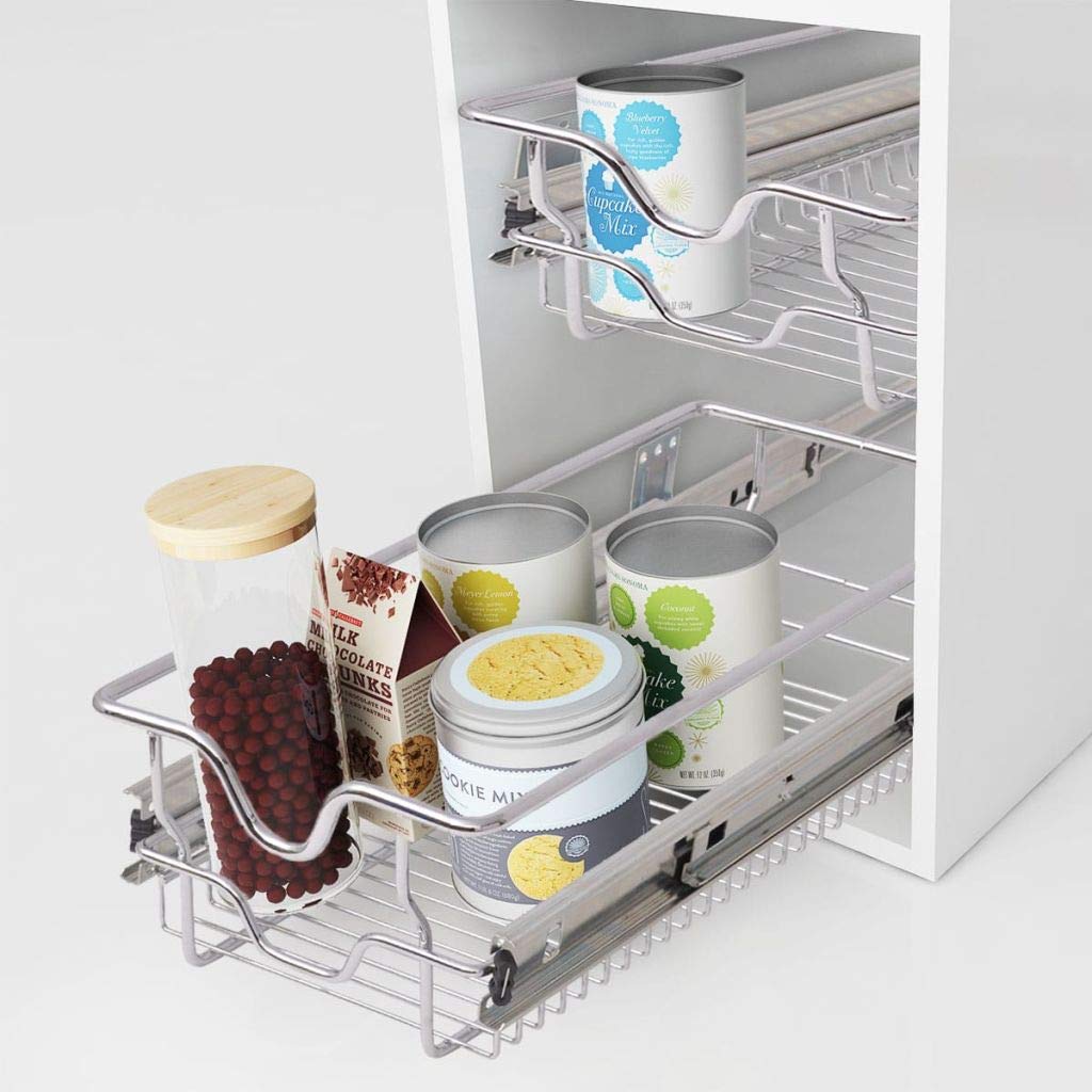 vidaXL 2-Pack Pull-Out Wire Baskets | Sliding Cabinet Organizer Storage Bins for Pantry, Kitchen Countertops & Bathroom | Durable Metal Wire Drawer Insert (11.8