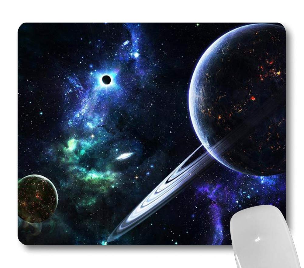 Premium Large Rectangle Mouse Pad 240x200x3mm - Space Planets Galaxy Design in Navy Blue - Non-Slip Gaming & Office Desk Mat for Computer, Laptop, Workstation
